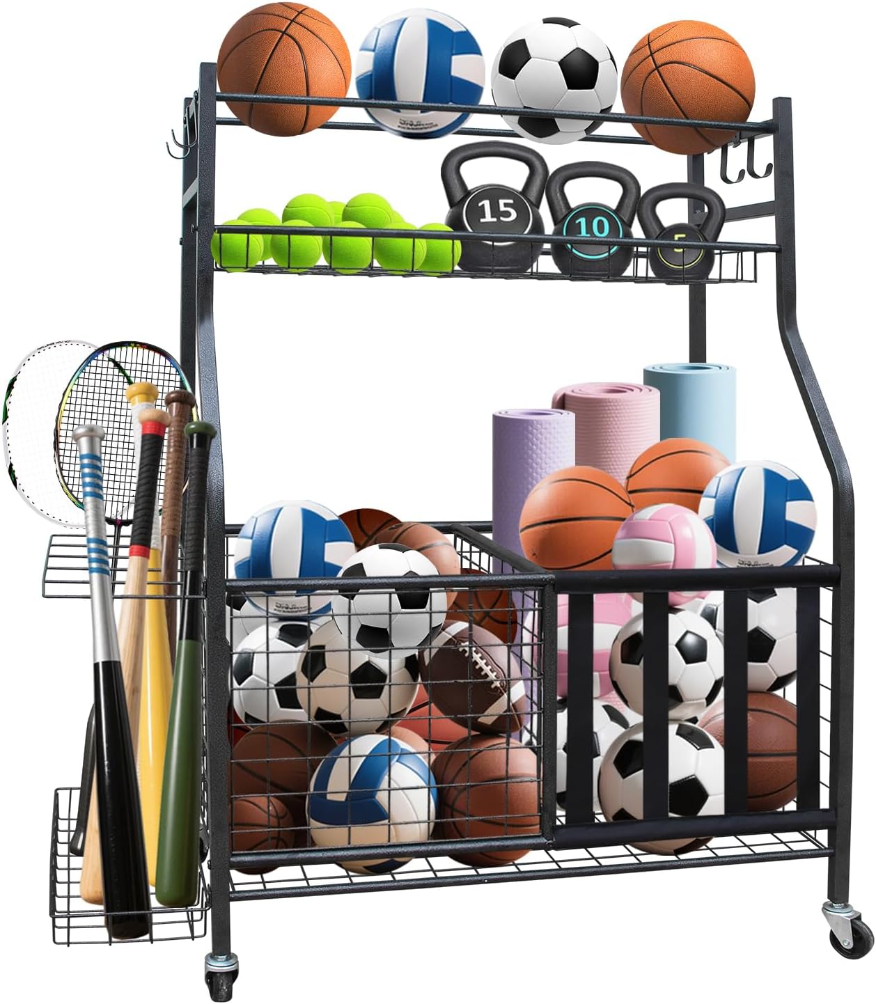 Sports Equipment Garage Organizer, Garage Ball Storage Rack with Basket, Hooks and Rolling Cart for Sports Gear and Toy Storage, Heavy Duty Ball Holder Indoor/Outdoor Use