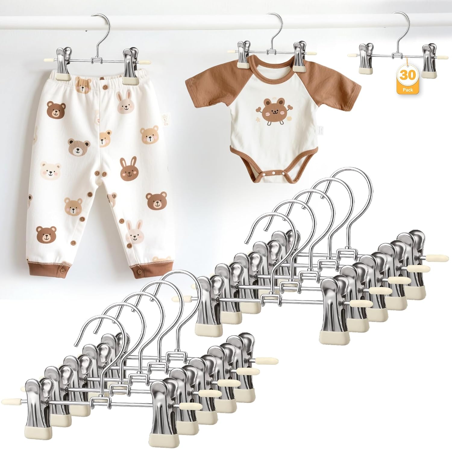 Mity rain 30-Pack Baby Hangers - 360° Rotatable Silicone Clip Kid Hangers, Space-Saving Toddler Hanger,Premium Stainless Steel, Ideal for Newborn & Children Wardrobe Organization.