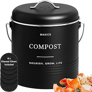 Kitchen Compost Bin – 1.3 Gallon Countertop Farmhouse Compost Container with Lid – Odorless Indoor Food Scrap Pail with 6 Charcoal Filters – Eco-Conscious and Easy to Clean - Black