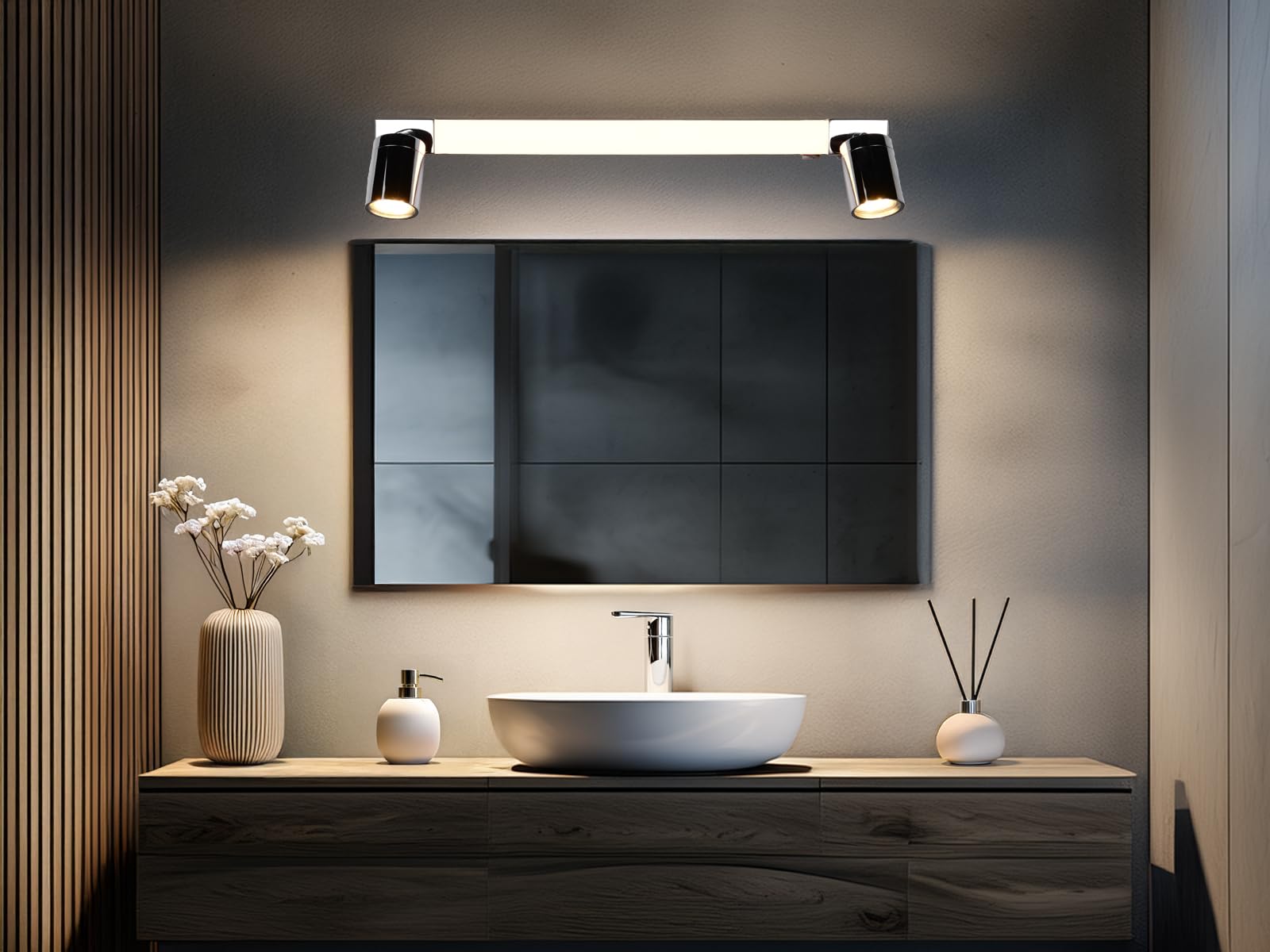 Bad Spiegelleuchte mit 2 Strahlern und Schalter, Silber Chrom Breite 60cm