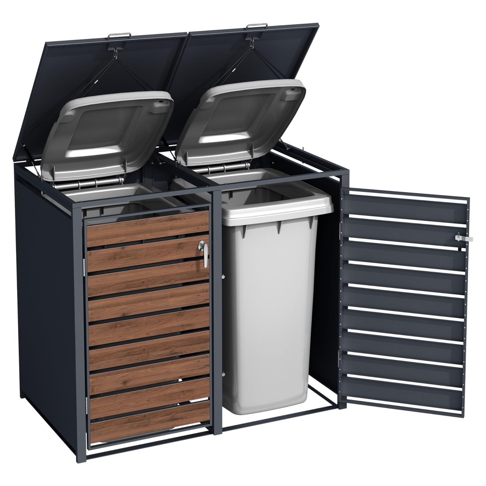 SCHARTEC® Mülltonnenbox 2er anthrazit mit dunklem Holz-Design erweiterbar 240l Mülltonnenverkleidung Mülltonnen Sichtschutz Unterstand für 2 Tonnen