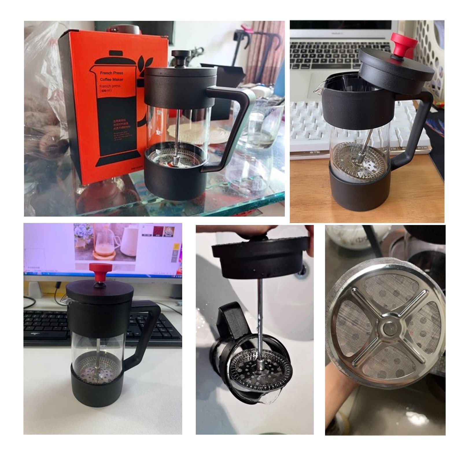 Caffettiere A Pistone,Caffettiera Francese in Vetro Borosilicato Resistente al Calore Rimovibile in Acciaio Inossidabile 304 con 3 Filtri,French Press Caffe Resistente E Facile da Pulire