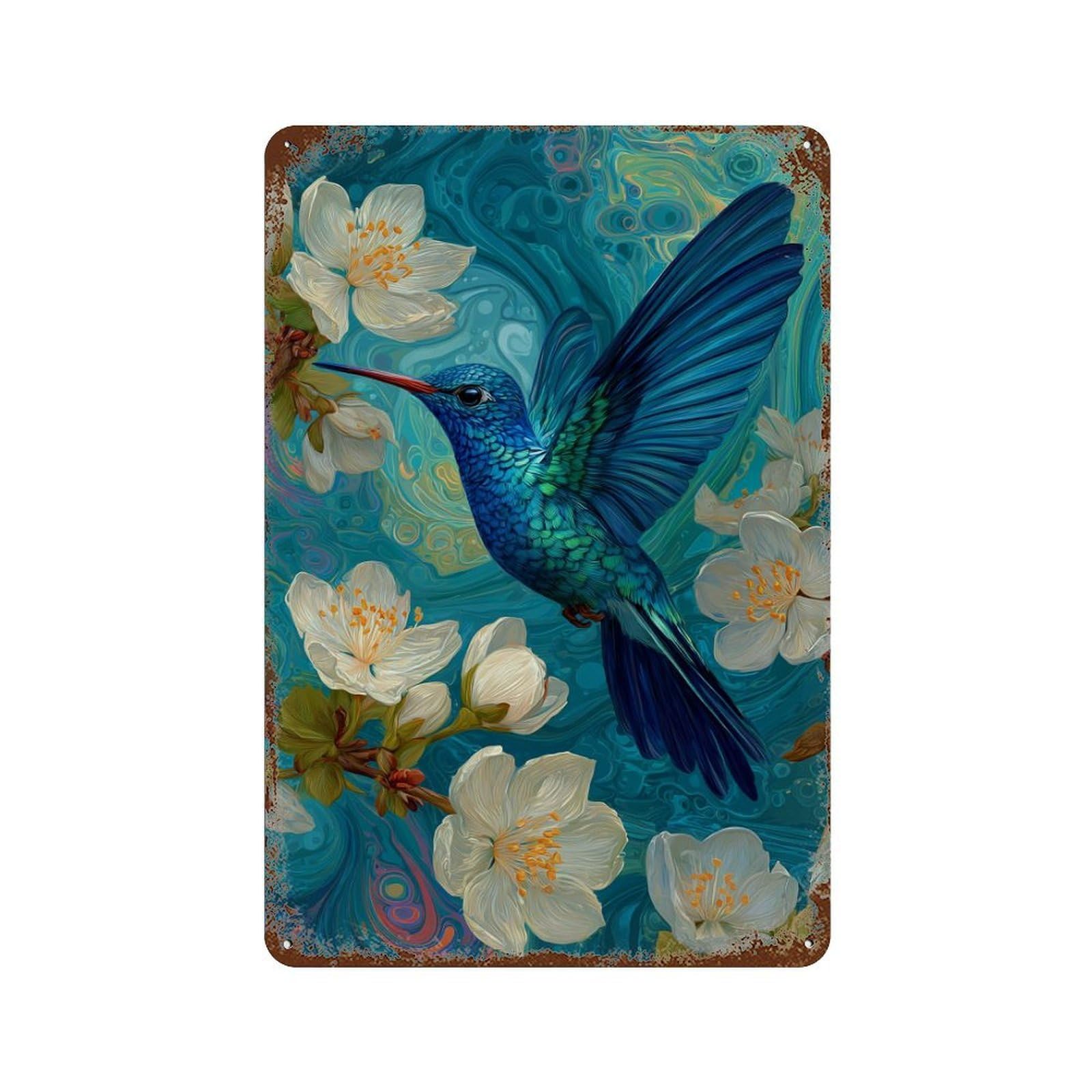Hummingbird with Flowers Rusty Metal Tin Sign 11.8"x7.9", Rustic Home Decor for Garage, Pub Or Kitchen