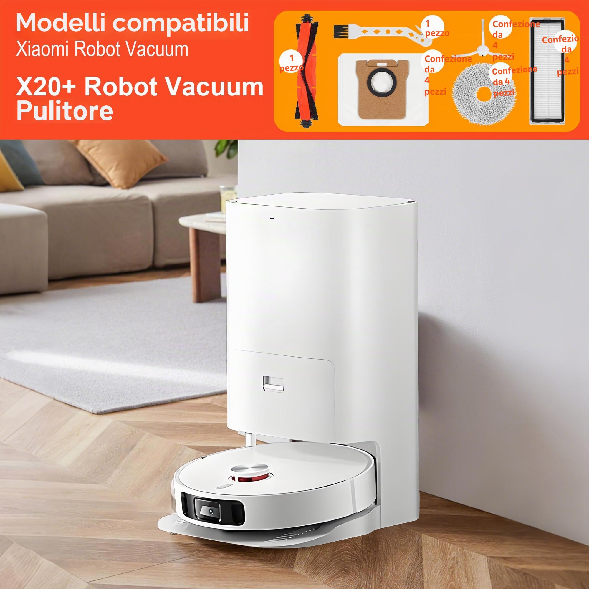 18Accessori per Xiaomi X20+/X10+, 1xspazzola principale, 4x panni per il lavaggio, 4x sacchetti per la polvere, 4 xspazzole laterali, 4x filtri HEPA, 1x spazzola per la pulizia