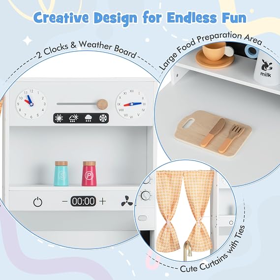 COSTWAY Wooden Kids Kitchen Playset, Pretend Play Kitchen with Ice Maker, Coffee Maker, Sink, Faucet, Microwave, Role Play Kitchens for Boys Girls (White)