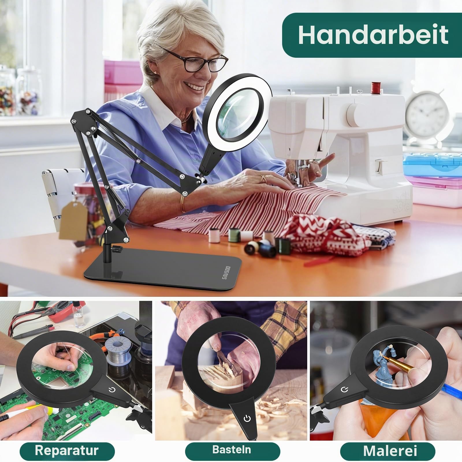 Lupenlampe mit Fuß & Klemme, Rund Lupe mit Licht, Touch-Steuerung | 2-in-1 Flexibilität,6D Glaslinse, Lesen & Handarbeit, gleichmäßiges LED-Licht für entspanntes Arbeiten