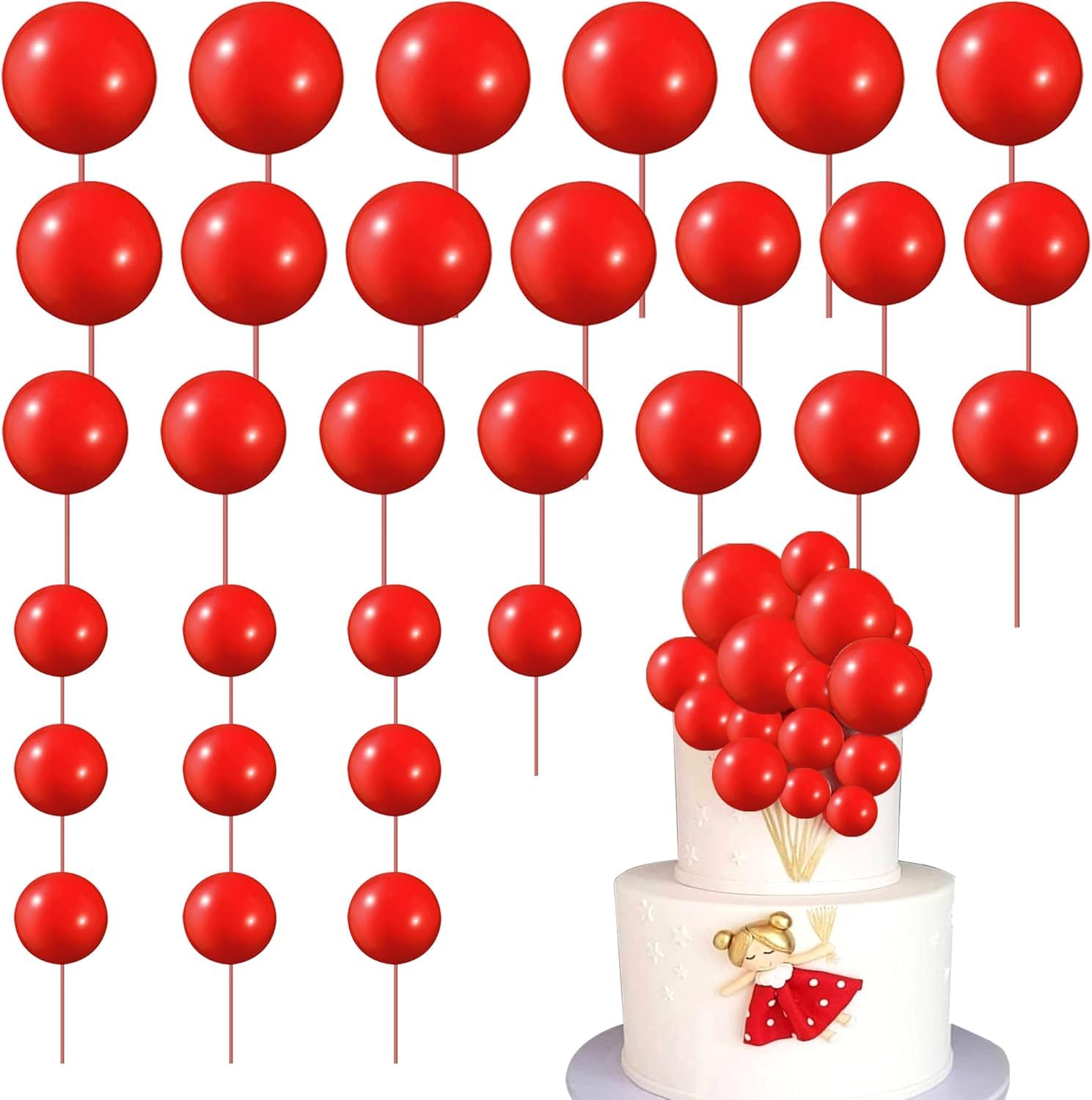 SYKYCTCY 24 Pack Ball Cake Toppers Mini Balloon Cupcake Toppers DIY Foam Ball Cake Insert Decoration for Wedding Anniversary Birthday Party Supplies Decorations
