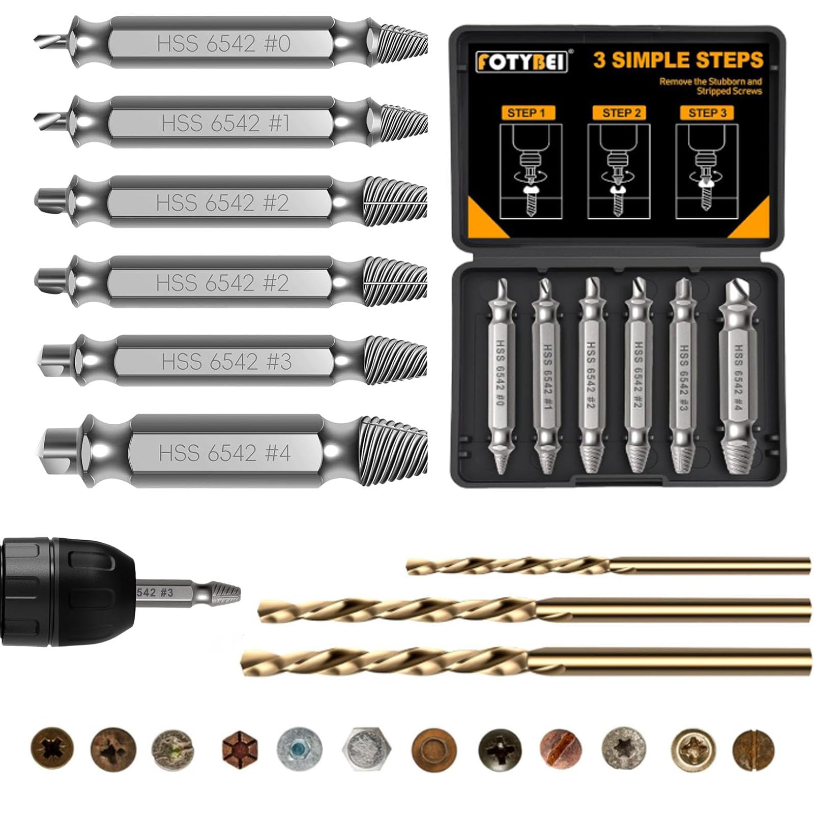 Xiciki 9 PCS Damaged Screw Extractor Set, Upgraded 6 Pcs HSS 6542 Double Ended Screw Remover with 3 PCS Twist Drill Bit, Hardness 63-65HRC Bolt Extractor Set for Damaged Broken Stripped Screws, Gifts