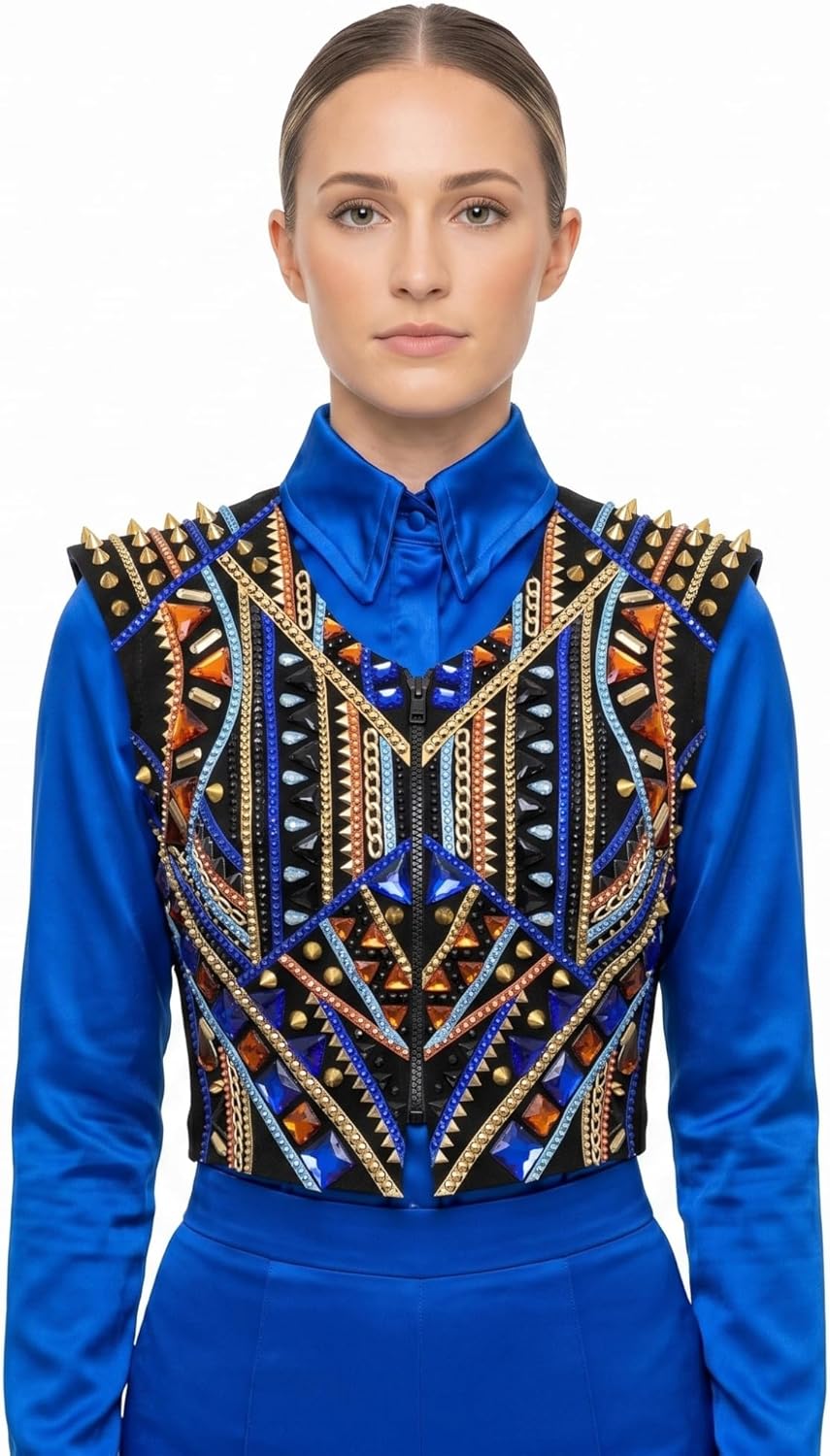 Women’s Western Show Jacket Blue – Equestrian Riding Coat with Multicolor Crystal Embroidery