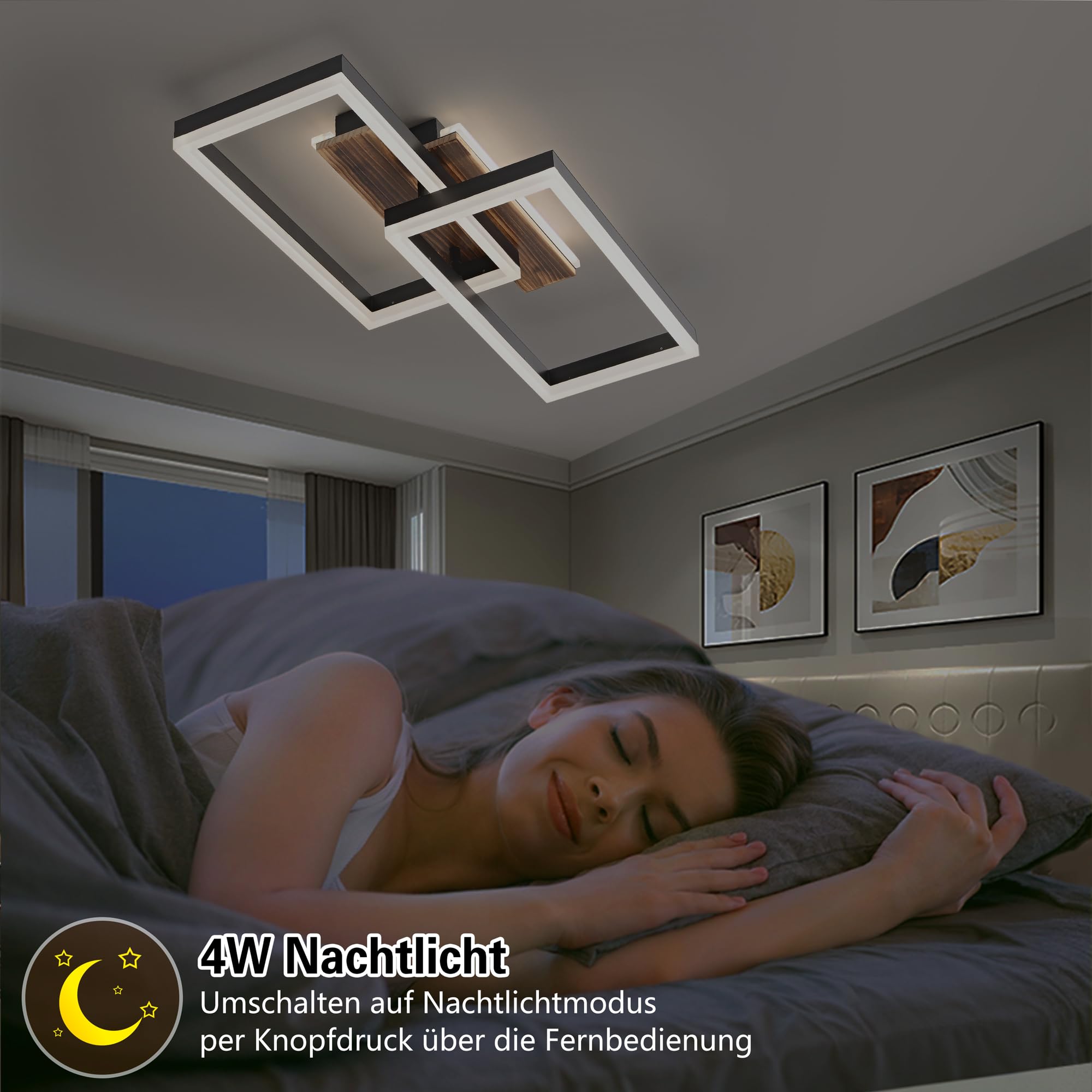 Plafoniera LED Soffitto legno dimmerabile, Vintage plafoniera Camera da Letto, Plafoniere rettangolare nera con telecomando, 48W 60cm 4800lm 3000K-6000K, Funzione di memoria, Luce notturna da 4W