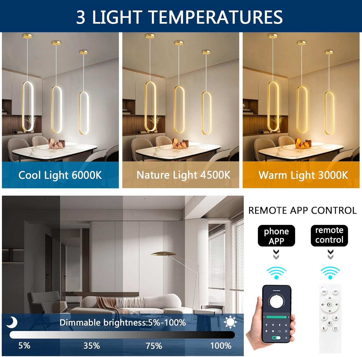 Ring Chandelier Modern LED Dimmable Pendant Lighting Adjust Ceiling Light for Kitchen Island Foyer Lobby Living Room Staircaes Gold