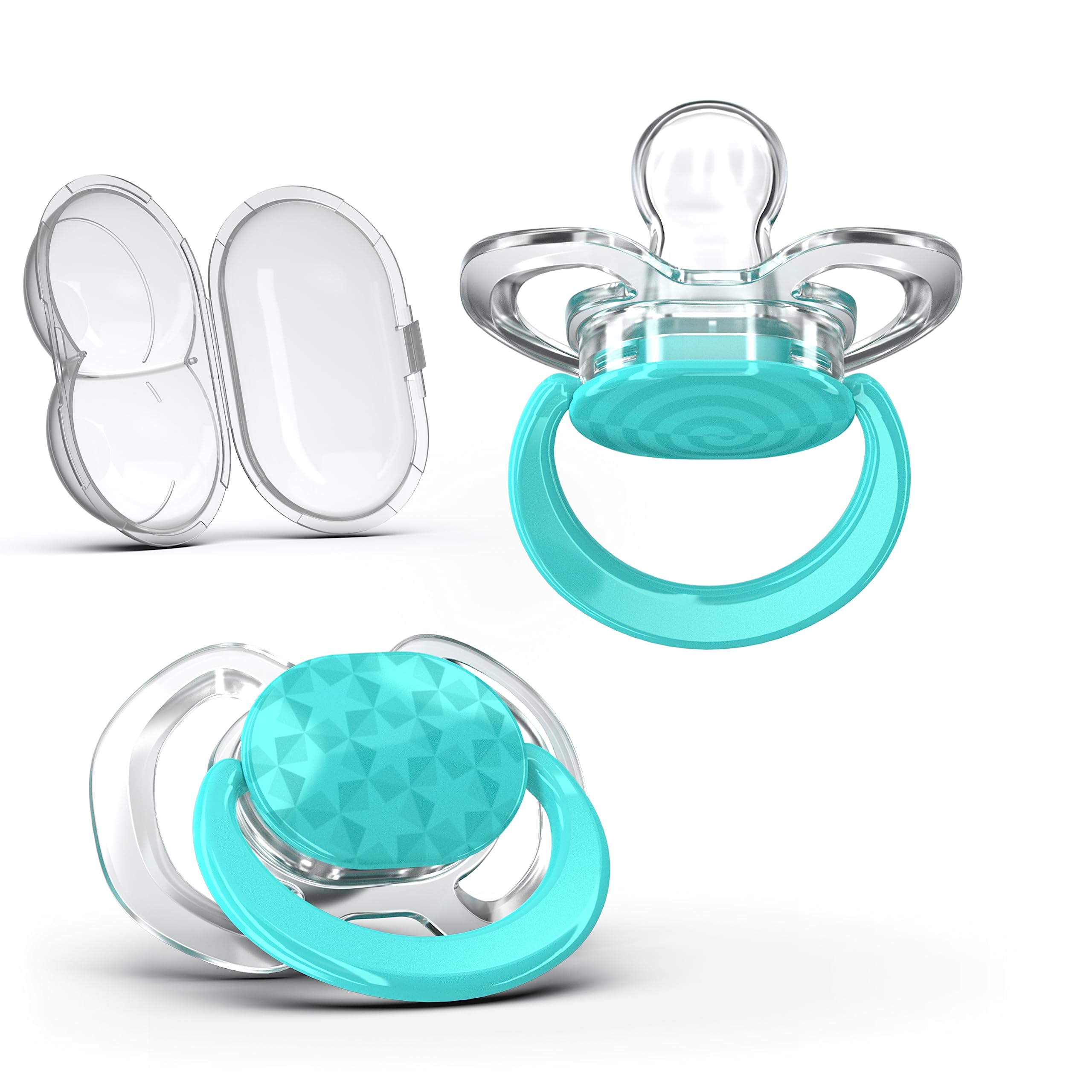 Smilo Baby Pacifier - 2 Pack of Slimline Pacifiers for Babies with Sterilization Box - Stage 1 for Babies 0-3 Months - 100% Silicone Newborn Pacifiers BPA Free - Aqua Blue