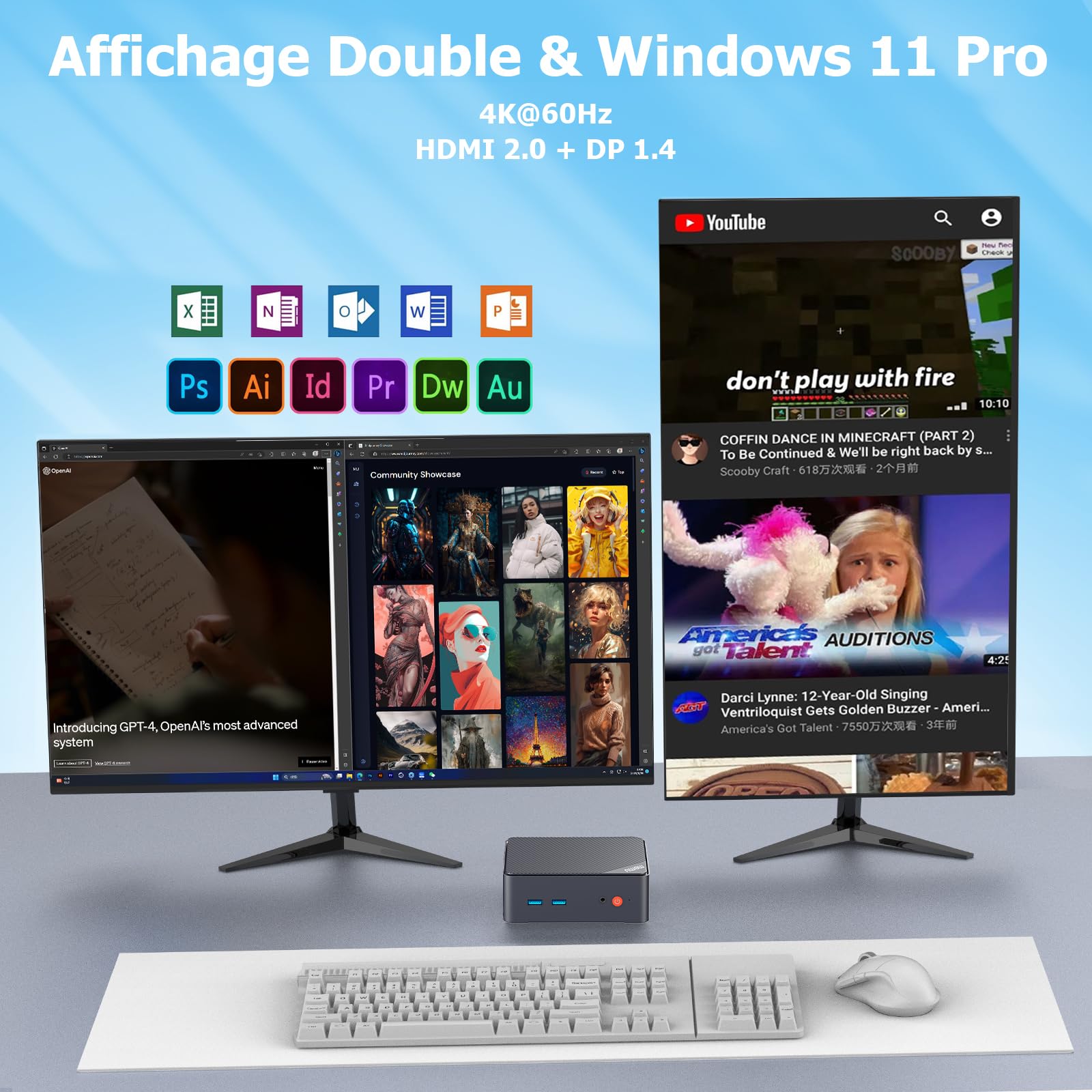 AWOW Mini PC Wi-11 Pro Gen12 N100 Quad Core 3,40 GHz, 16 Go DDR4