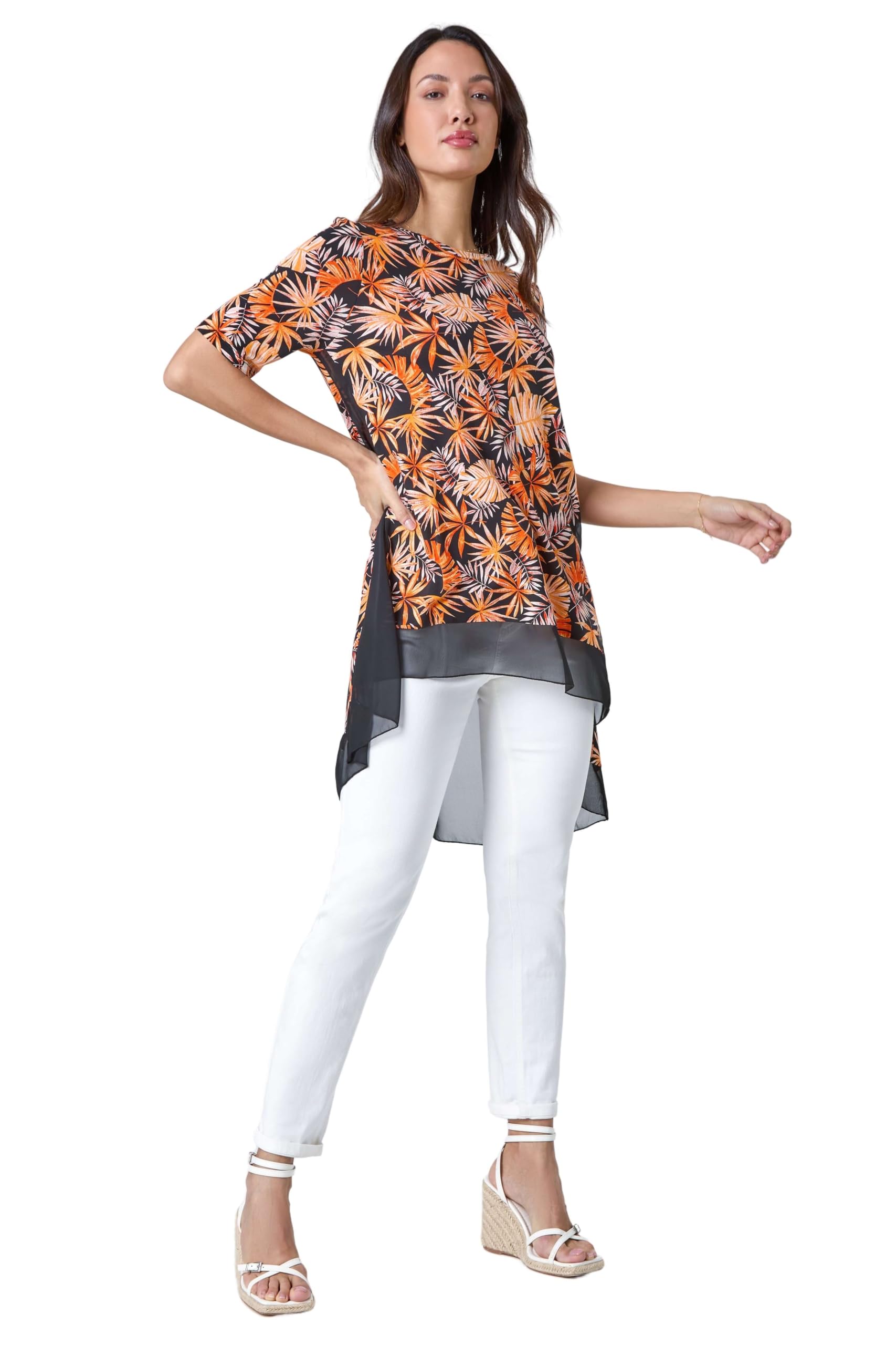 Roman Chiffon Dipped Hem Top Asymmetric Tunic for Women UK Ladies Stretchy Jersey Flared Blouse Smart Fit & Flare Form Casual Loose Longline Party Hanky Tunics - Orange - Size 10