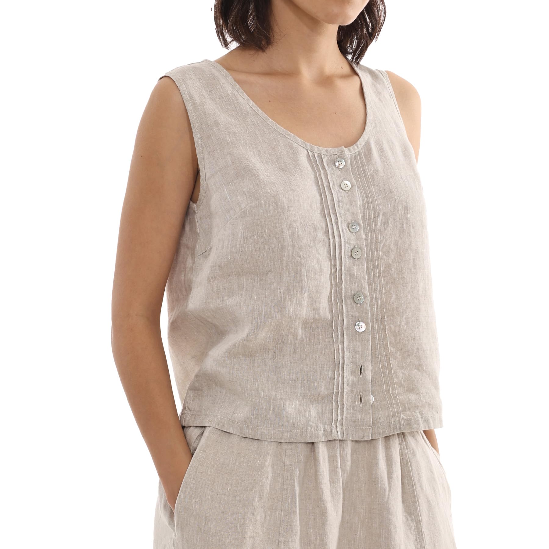 Amazhiyu Camicetta da donna in 100% lino, canotte estive senza maniche in lino con scollo rotondo e bottoni a pieghe