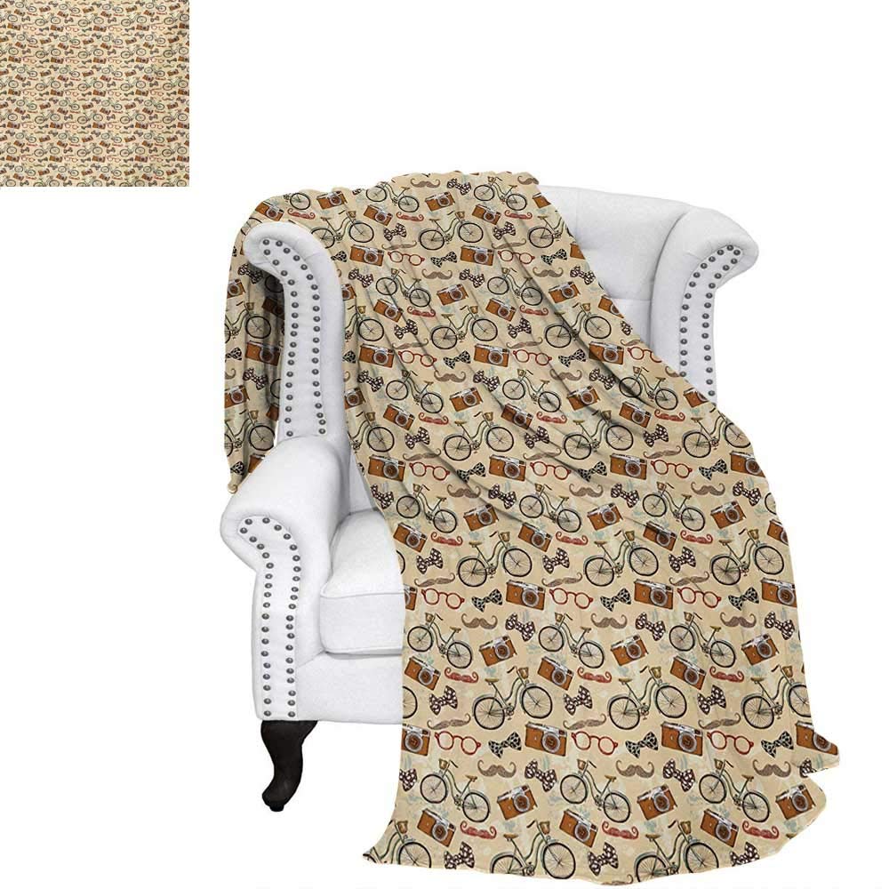 warmfamily Bicycle Custom Design Cozy Flannel Blanket Hipster Gentlemans Vintage Accessories Bicycle Camera Bow Tie Handlebar Moustache Weave Pattern Blanket 50"x30" Multicolor