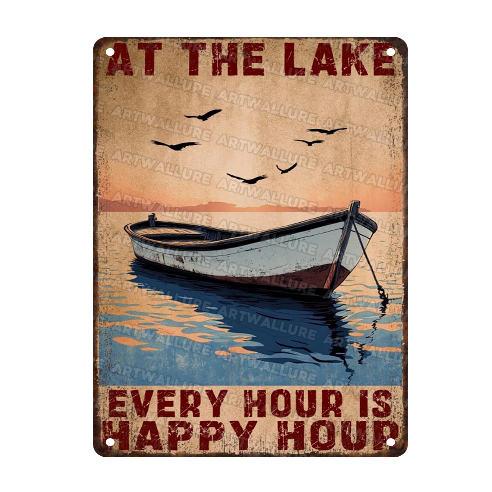 Lake Inspired Quote Tin Plaque At the Lake Happy Hour Rustic Wall Art Fishing Cabin Decor Lake View Porch Sign Vintage Metal Plaque Lake Scene 12x16inch