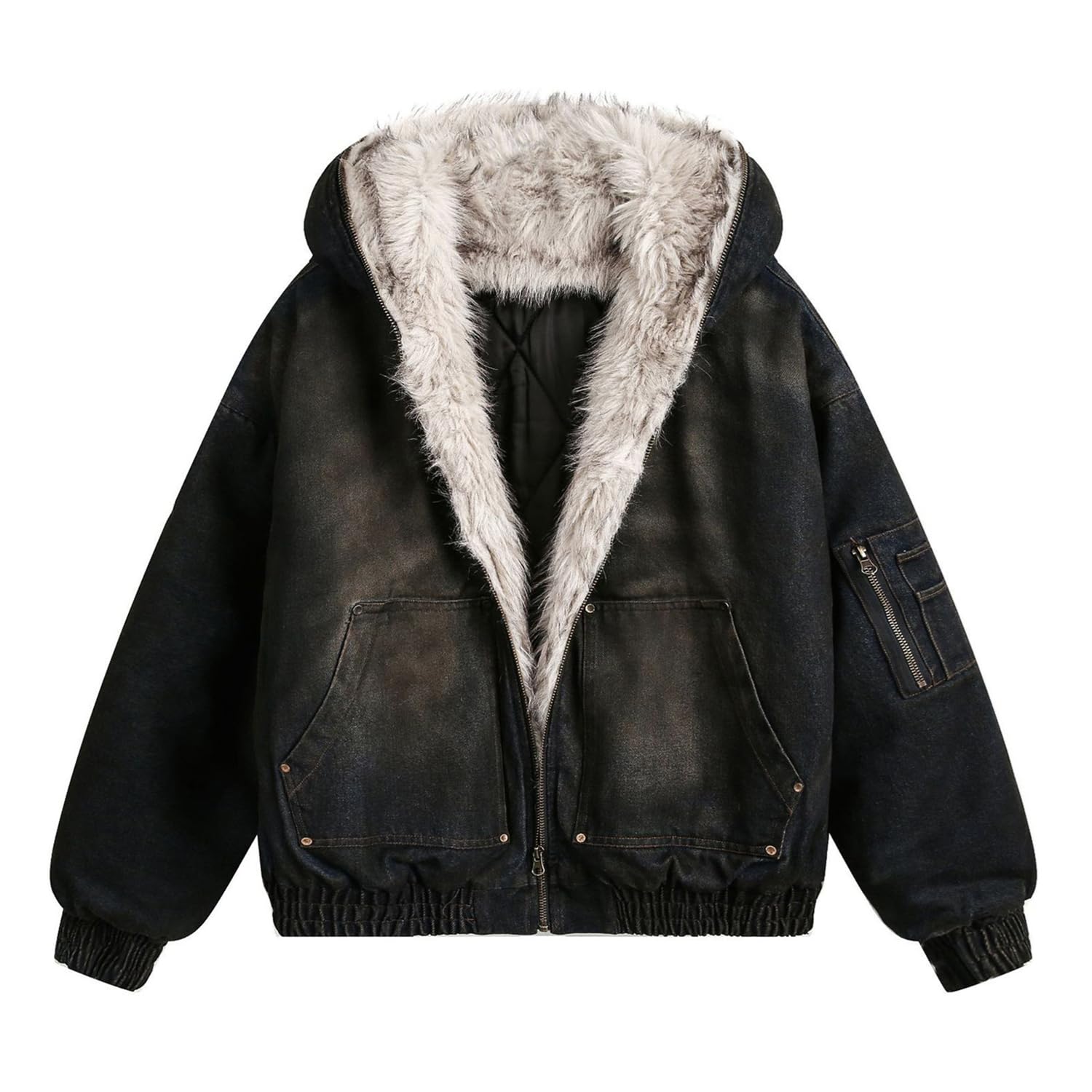 M&Catree Winterjacke Herren Warme Lässig Parka mit Fellkapuze Kurze Steppmantel Oversize Streetwear Jeansjacke Jeansjacke im Western-Stil Outdoor Winter Mantel