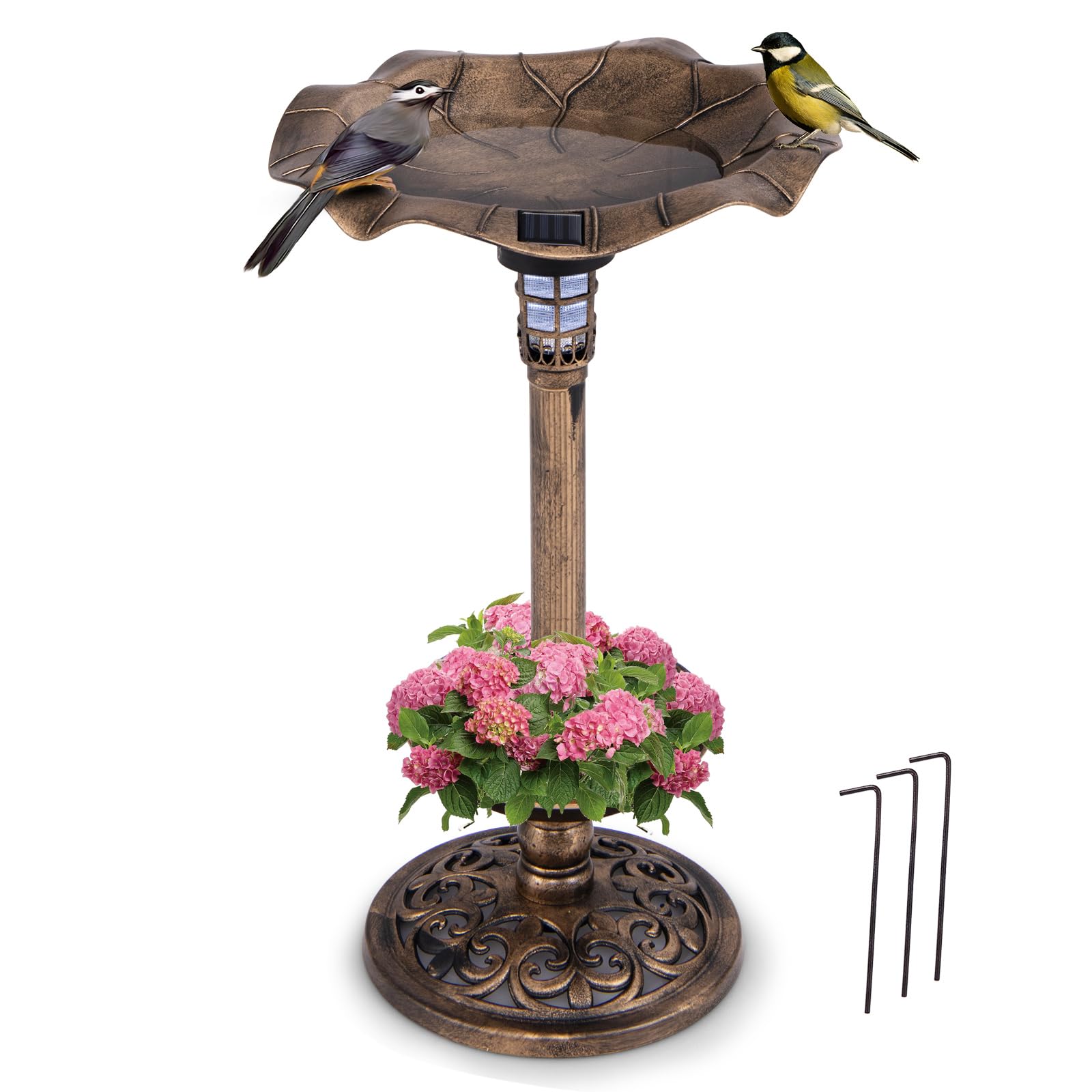 COSTWAY Mangiatoia per Uccelli Solare da Esterno, Bagno per Uccelli con Piedistallo e Ciotola a Forma di Foglia di Loto, Fioriera, Lampada Solare, Decorazione Vintage (Bronzo)