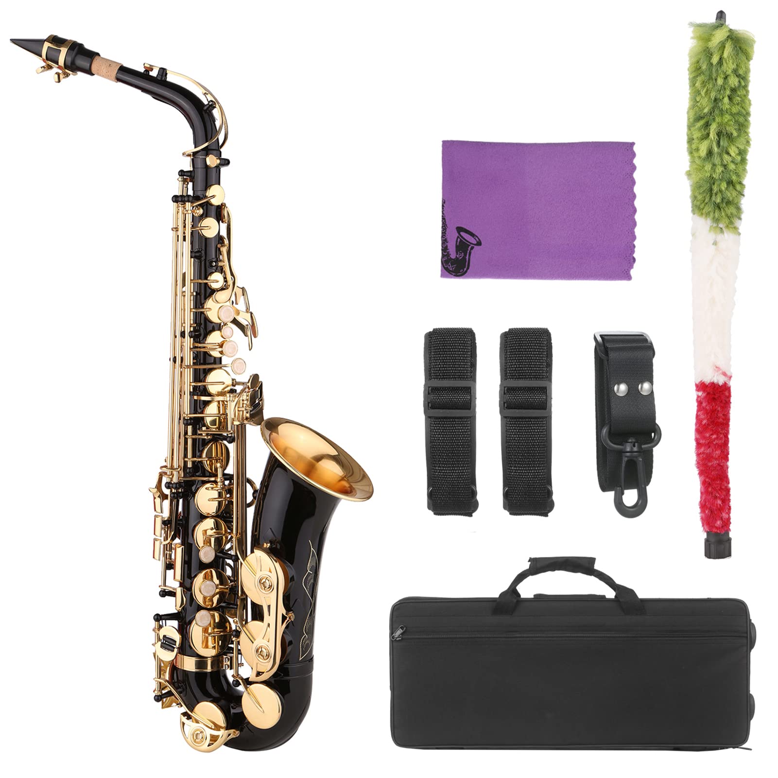 Sassofono nero vernice E-flat Sax per principianti studenti intermedi Ottone Sassofono contralto in Mib con bocchino Custodia per il trasporto Panno di pulizia Spazzola Cinghie per sassofono
