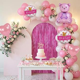 Party Propz Welcome Baby Girl Decoration Kit 38 Pcs - 30 Pcs Baby Girl Welcome Home Balloons,1pcs Foil Curtain,5 Pcs teady bear Foils Balloons, 2 Pcs Its A Girl Decoration Items With Ribbon And Arch.