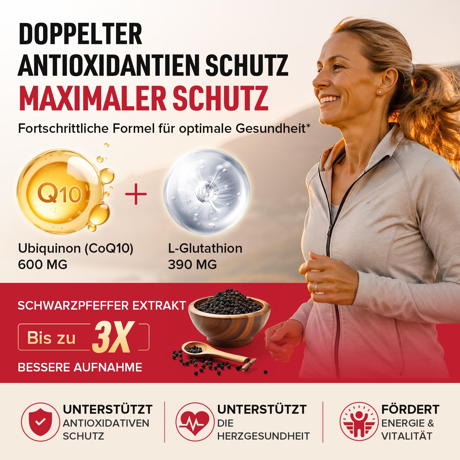 CoQ10 mit L-Glutathion 1000mg Kapseln (2 Packung)- 100% fermentiertes Coenzym Q10, Coenzym Q10 Hochdosiert, Sojafrei, Glutenfrei, Vegan