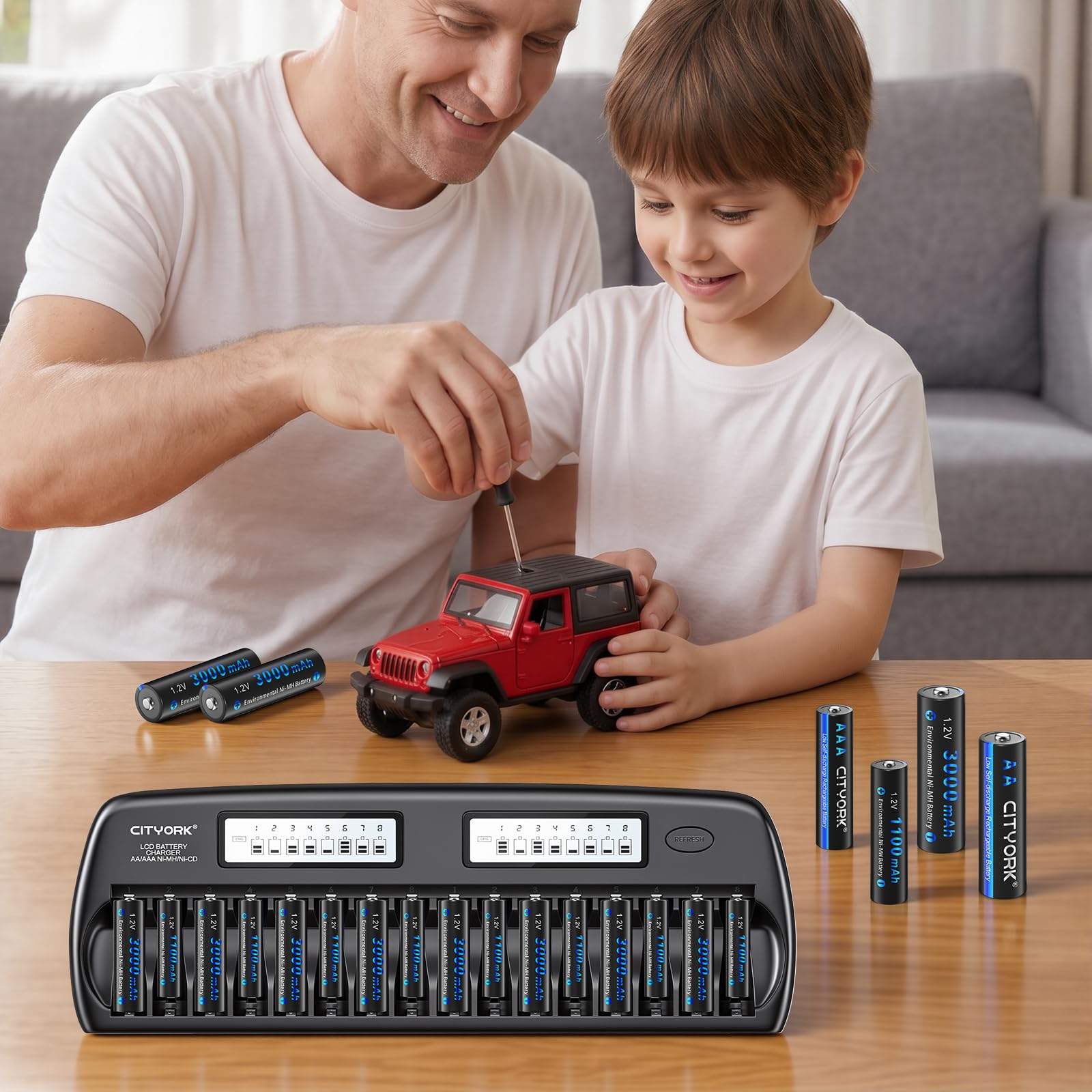 CITYORK LCD Chargeur de Piles AA AAA 16 Slot pour Piles Rechargeables AA/AAA Ni-MH Ni-CD avec Protection IC intégrée et Bloc d'alimentation (Chargeur Inclus)