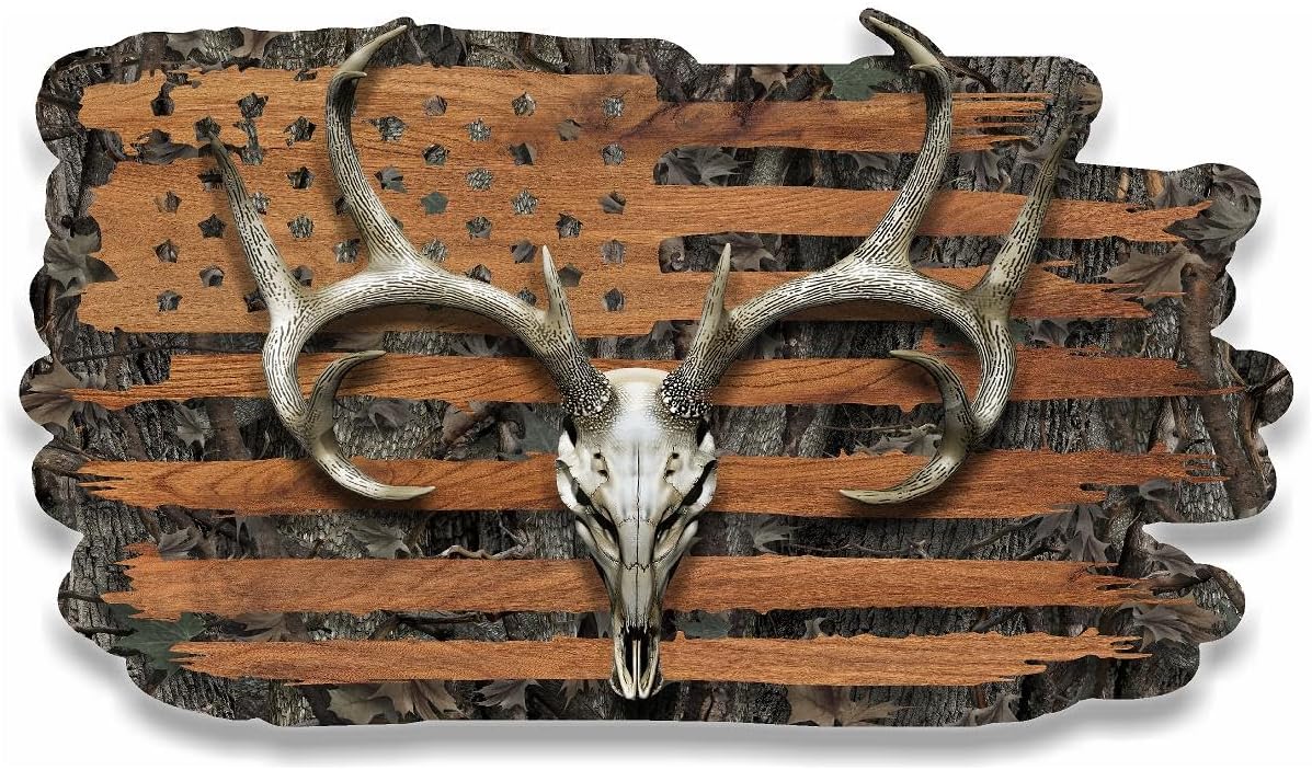Wood American Flag Camouflage Whitetail Buck Skull Hunting