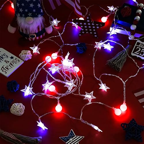 Miniatura 2 de Decoraciones del 4 de julio, luces rojas, blancas y azules, 20 pies, 40 luces LED con batería LED, decoraciones de calabaza, bola de hada, tira de