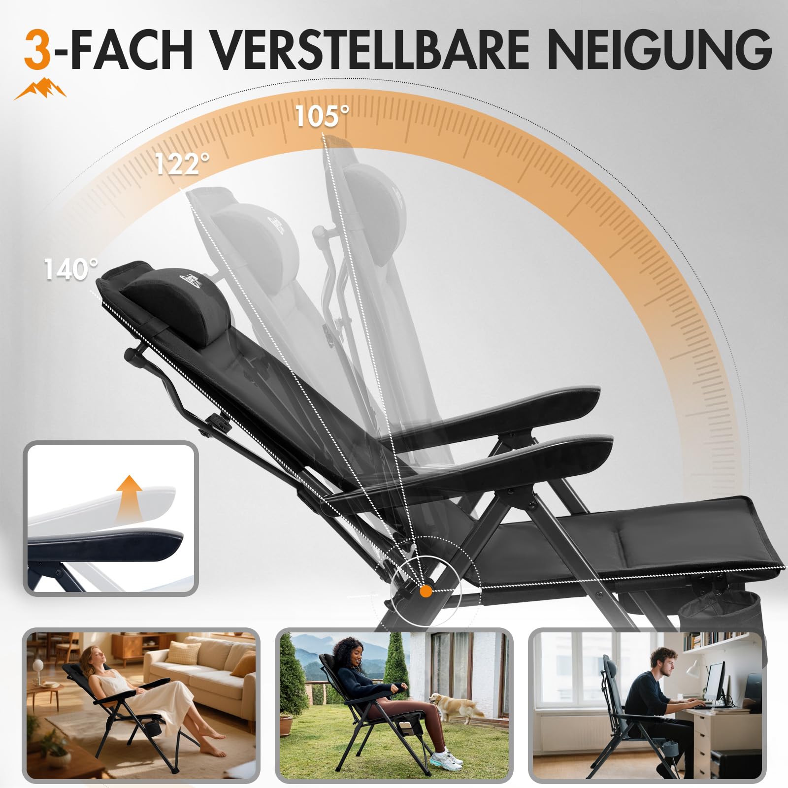 Portal Campingstuhl Faltbar Rückenverstellbar in 3 Positionen Klappstuhl 160 KG Belastbar Hohe Lehne Camping Anglerstuhl Gartenstuhl Liegestuhl Alu für Garten Balkon Picknick