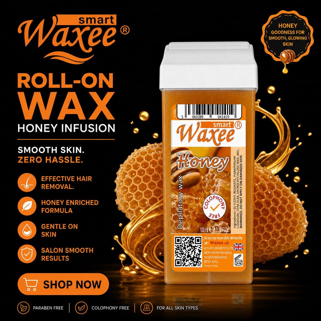 Waxee Roll On Wachskartusche, 100 ml, natürliches Honigwachs - Kolophoniumfrei - Körperwachs - Haarentfernungsbehandlung zu Hause - Empfindliche Haut - Unisex