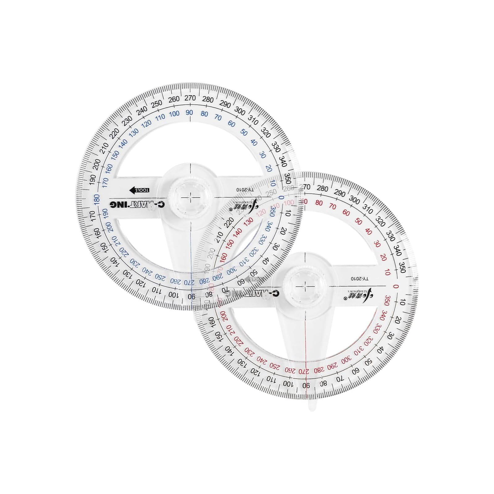 2 Pcs 360 Degree Protractor Set, 10cm Clear Swing Arm Plastic Protractor, 360° Full Circle Angle Finder Measuring Tool for School Office Students Math Geometry Drafting, （Red & Blue Random Color）