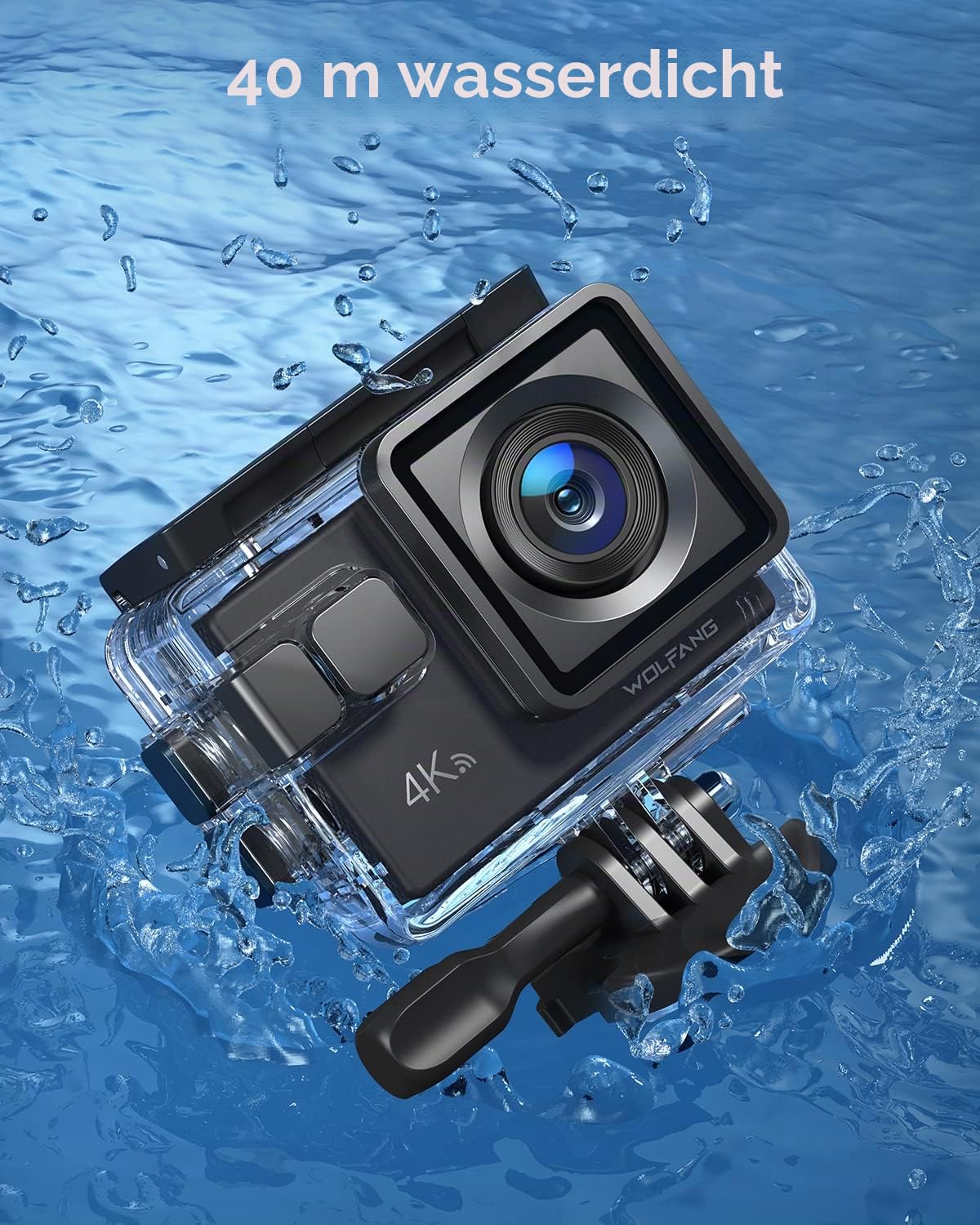 WOLFANG Action Cam GA100 Neu,4K 20MP, Unterwasserkamera WiFi 40M wasserdichte,EIS Bildstabilisator,Helmkamera,170° Weitwinkel,Camcorder,Externem Mikrofon, 2.4G Fernbedienung, 2 Akkus und Zubehör Kit