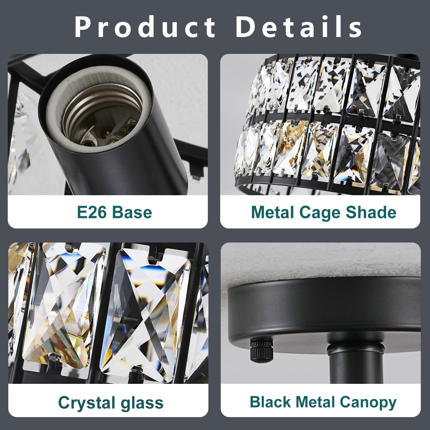 Modern Semi Flush Mount Ceiling Light, Black Ceiling Light Fixtures, 11.8inch 3-Light Crystal Chandelier for Bedroom, Hallway Light Fixture Ceiling Mount for Kitchen