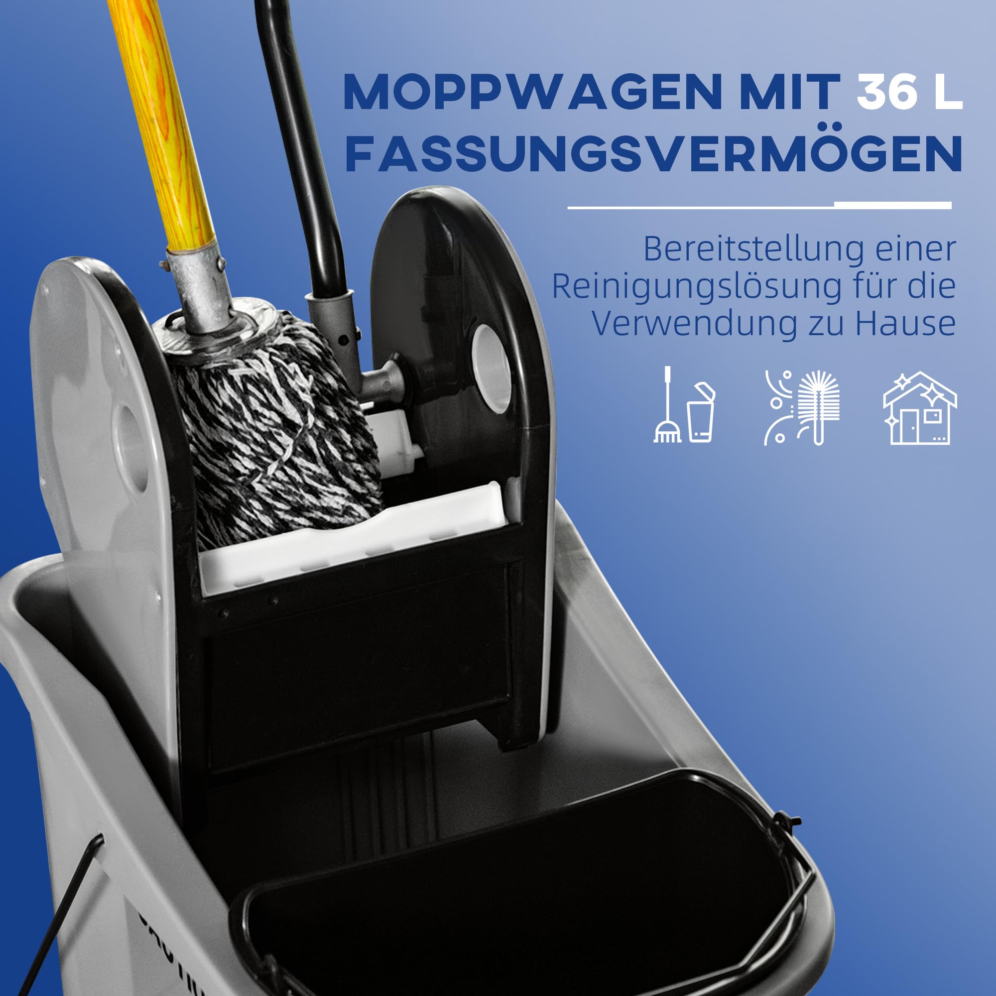 HOMCOM Reinigungswagen 36 Liter Putzeimer mit Auswringvorrichtung 54 x 41 x 91,5 cm Grau