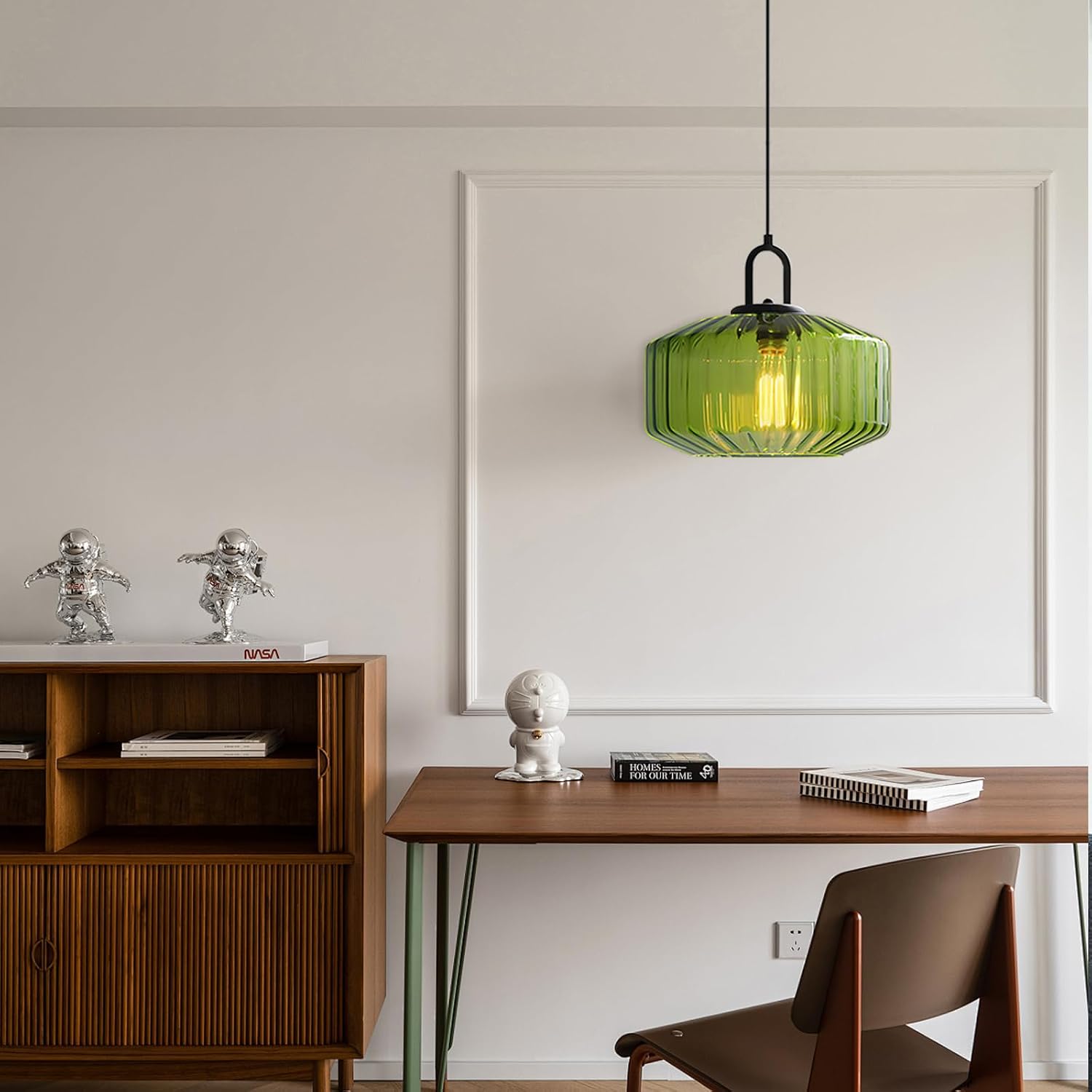 Vintage Plug-in Pendant Light, Striped Glass Shade & Black Metal Socket, E26 Hanging Lamp with 14.7Ft Adjustable Cord, Linging Fixture for Bedroom, Kitchen Island, Dining Room (Green)