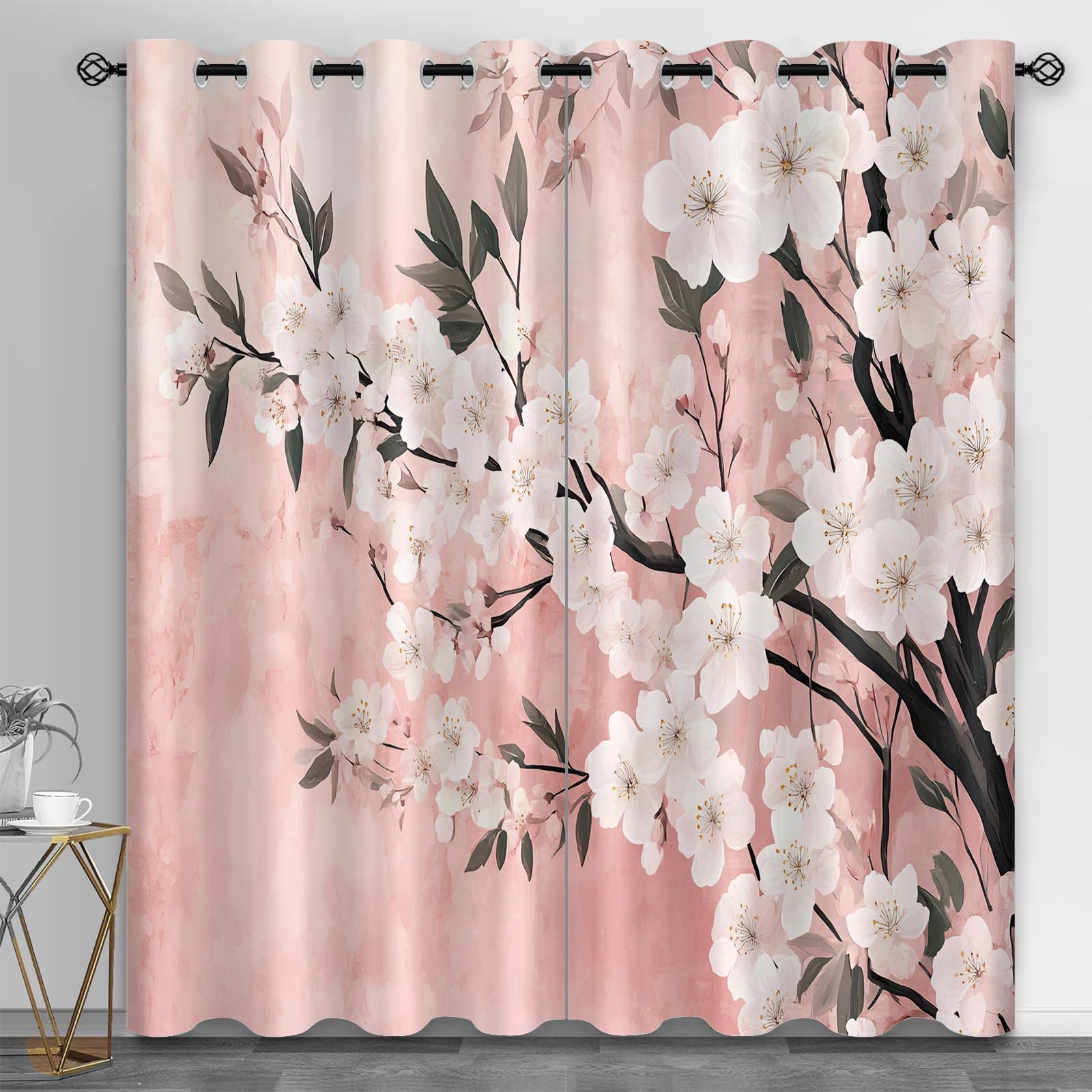 Rideaux courts de cuisine à motif fleurs de cerisier japonais de 71x138 cm x2