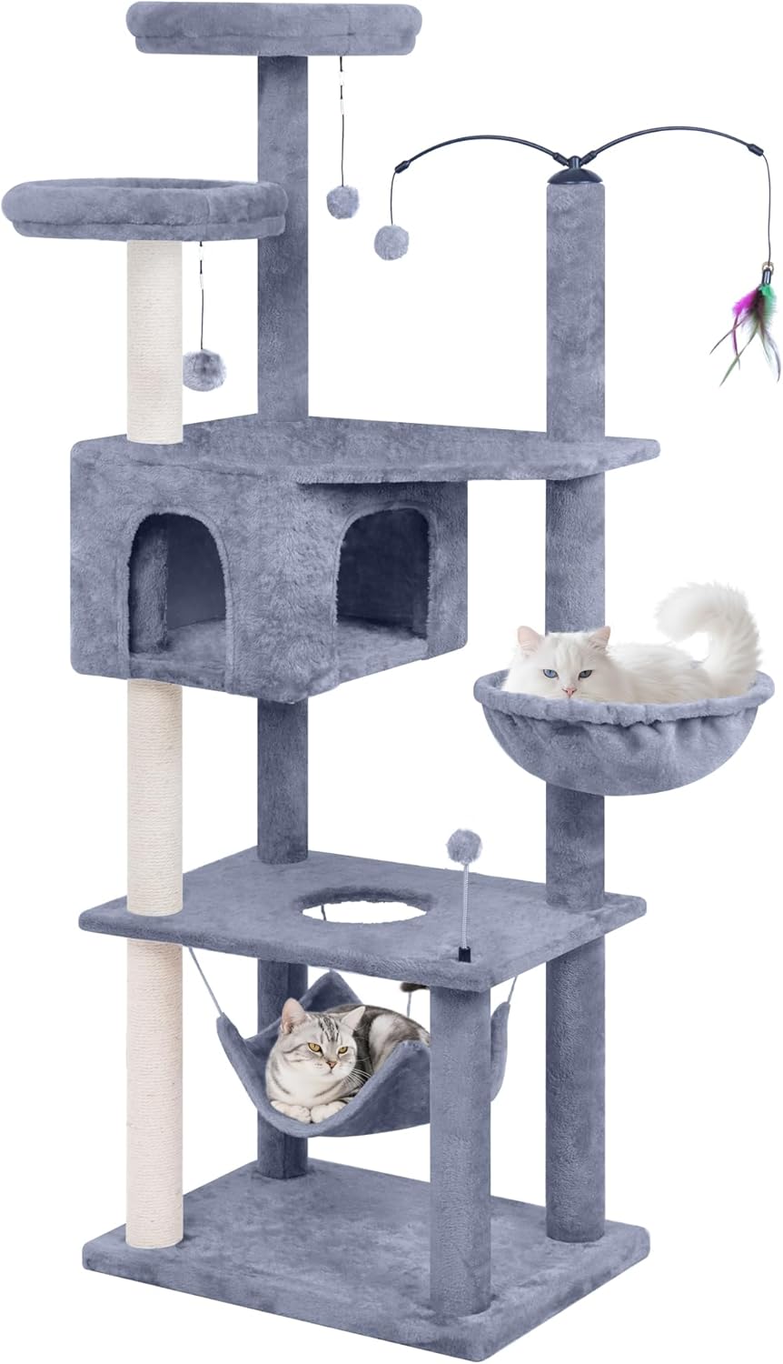 Big Cat Tree, Cat Tower with Multi-Level Condo, Hammocks, Rotating Toy (Grey, 63.4'')