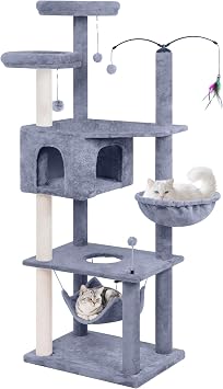 AIWIKIDE Big Cat Tree, Cat Tower with Multi-Level Condo, Hammocks, Rotating Toy Grey, 57