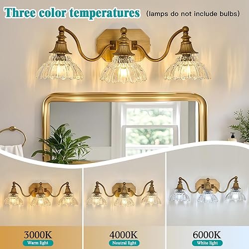 Miniatura 5 de Vintage Bathroom Light Fixture Brushed Gold Vanity Light with Crystal Glass Shade Antique Brass 3 Light Bathroom Light Over Mirror