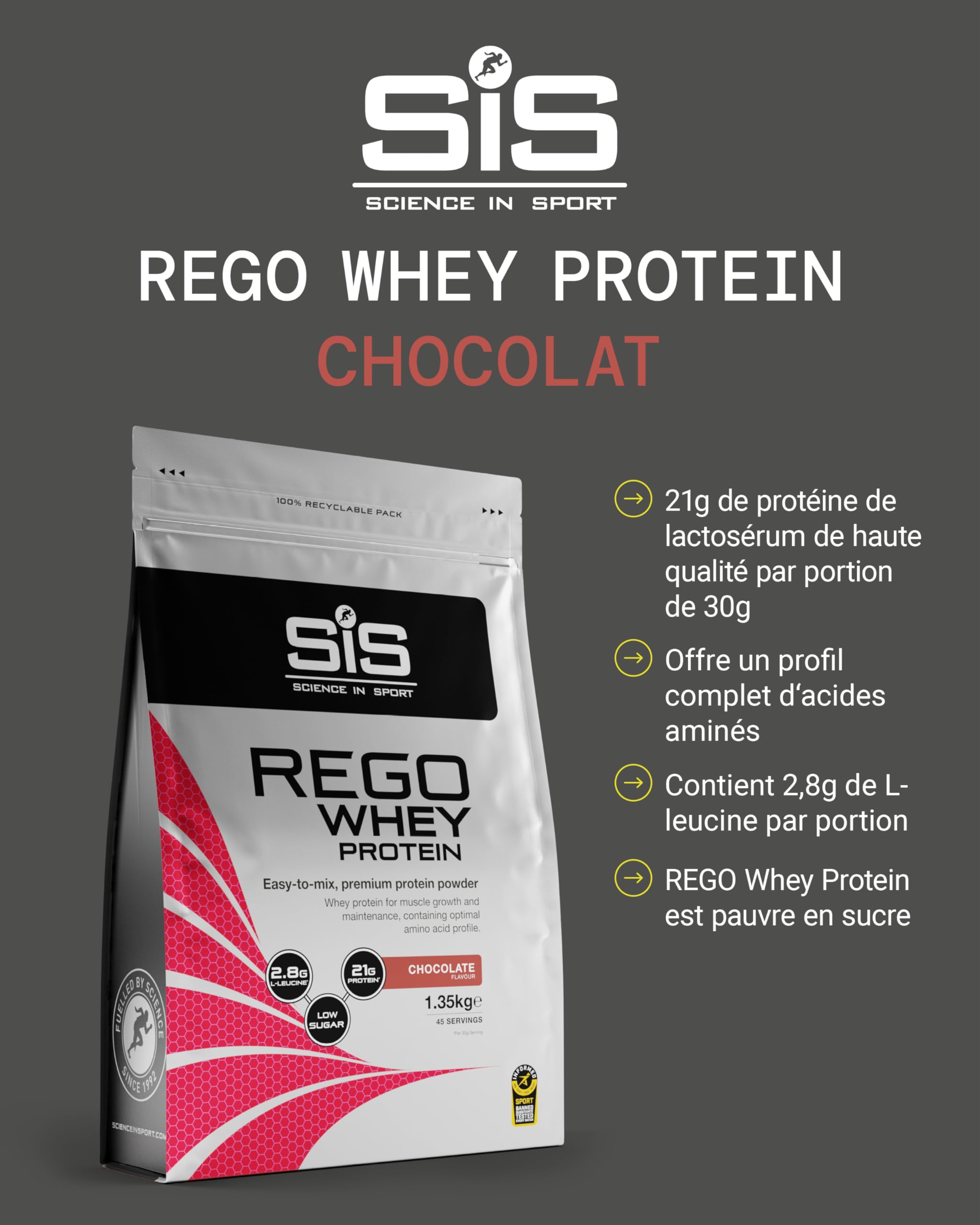 Science in Sport Rego Whey Protein Poudre 1,35kg Chocolat - Poudre récupération avec glucides, protéines, électrolytes, vitamines et minéraux, soutient un entraînement efficace, 100% Whey