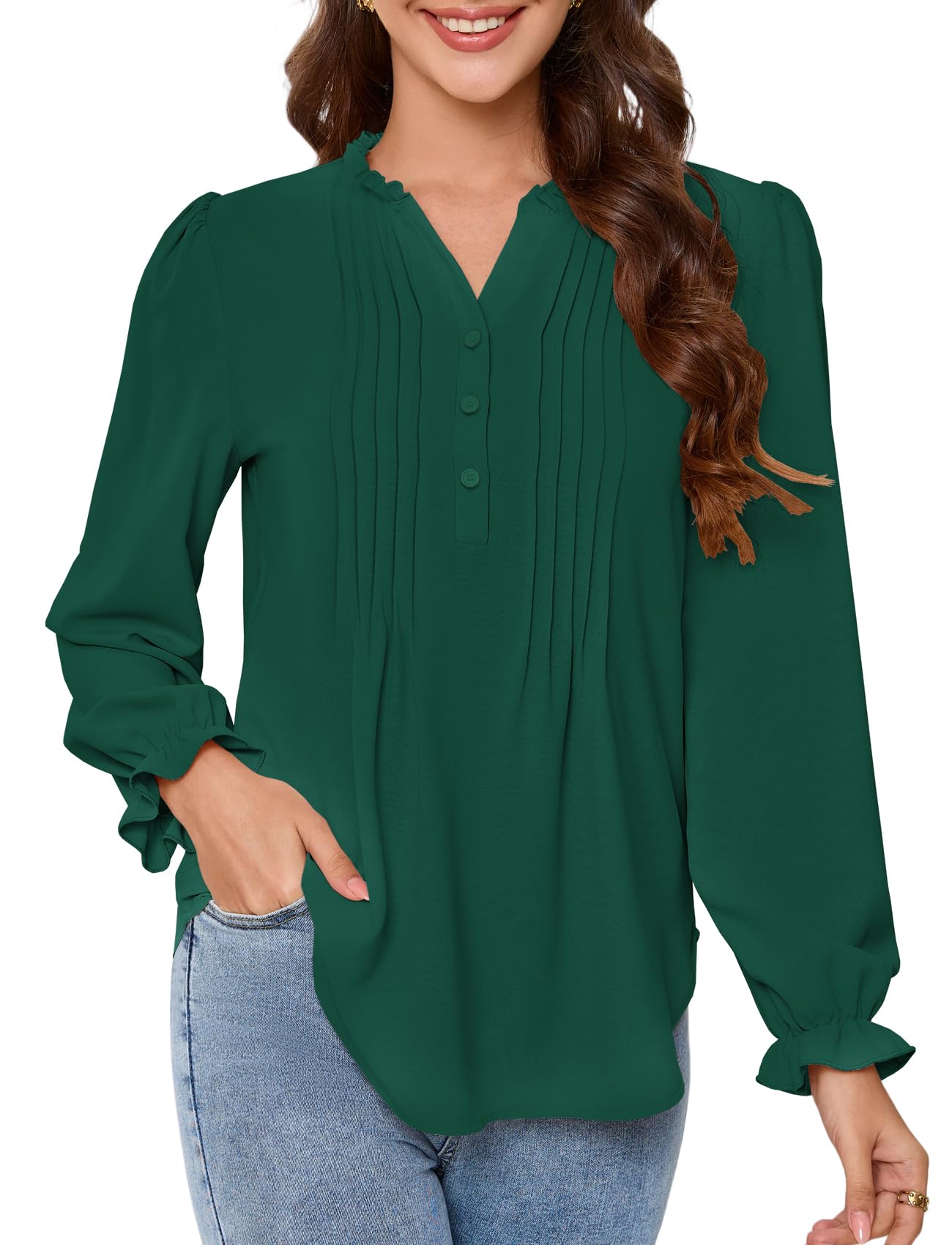 Womens Puff Long Sleeve Tops Henley V Neck Pleated Button Down Shirts Tunic Dress Blouses Business Casual Outfits