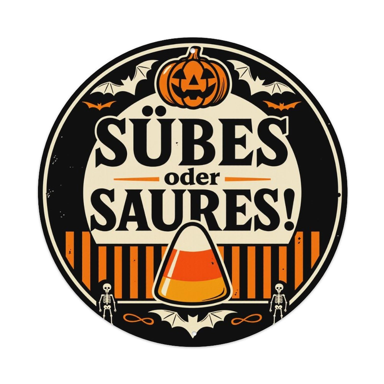 Pumpkin Bats Candy Skeletons Stripes Round Tin Sign Vintage Style Metal Sign Home Bar Garden Wall Plaque Decor Metal Poster 8x8 Inch