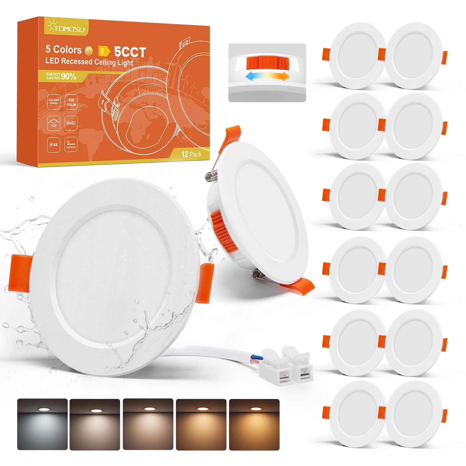 Tomosu 12er 5CCT Led Einbaustrahler 230v 68mm, 5W Led Spots 230v 550LM, IP44 Einbauleuchten Decke 68-80mm Lochmaß, Einbauspots Warmweiß Neutralweiß Kaltweiß Decken Spots für Badezimmer Küche