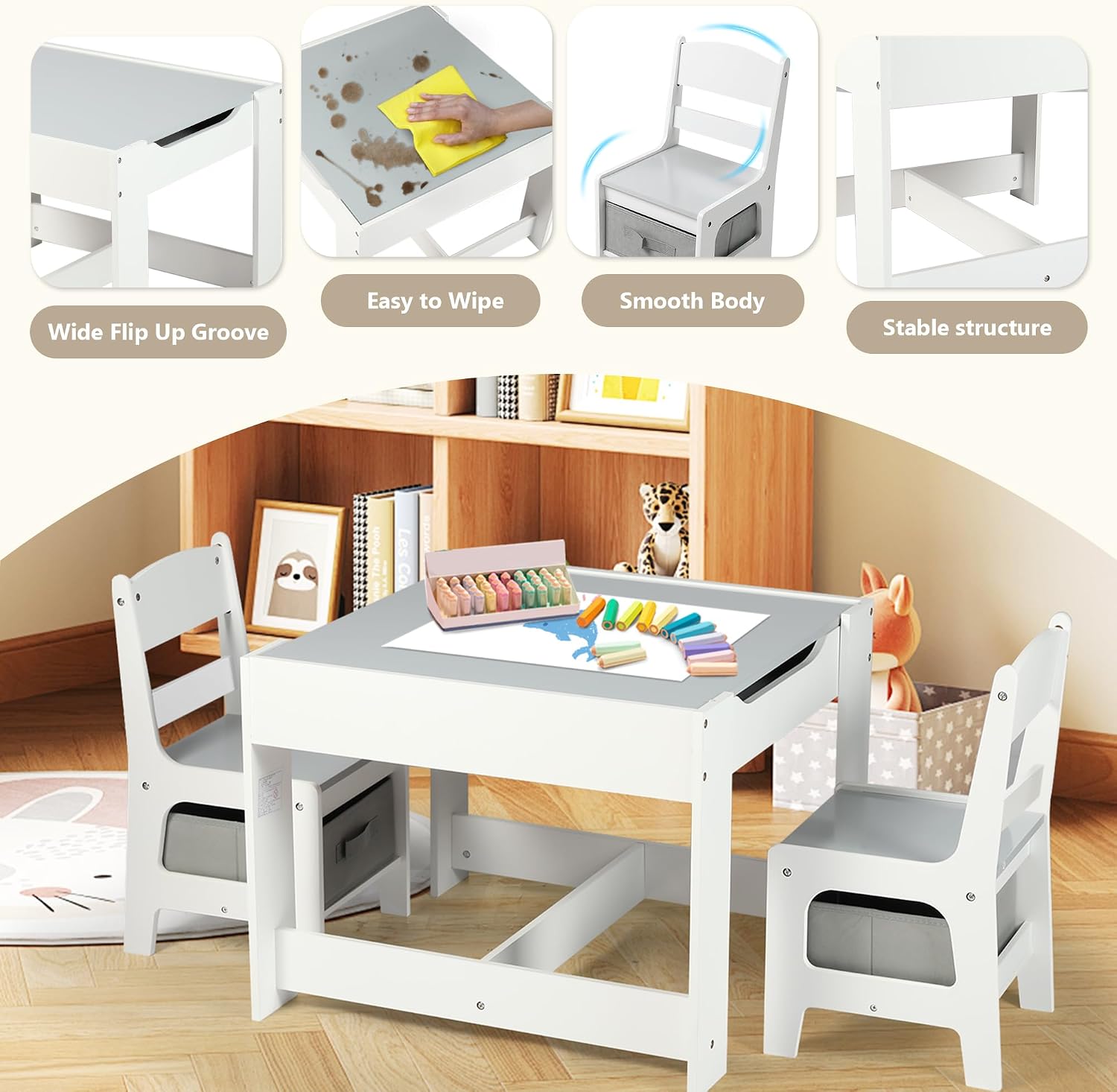 Kinder King Kids Wood Table & 2 Chairs Set, 3 in 1 Children Activity Table w/Storage, Removable Tabletop, Blackboard, 3-Piece Toddler Furniture Set for Art, Crafts, Drawing, Reading, Playroom, Grey