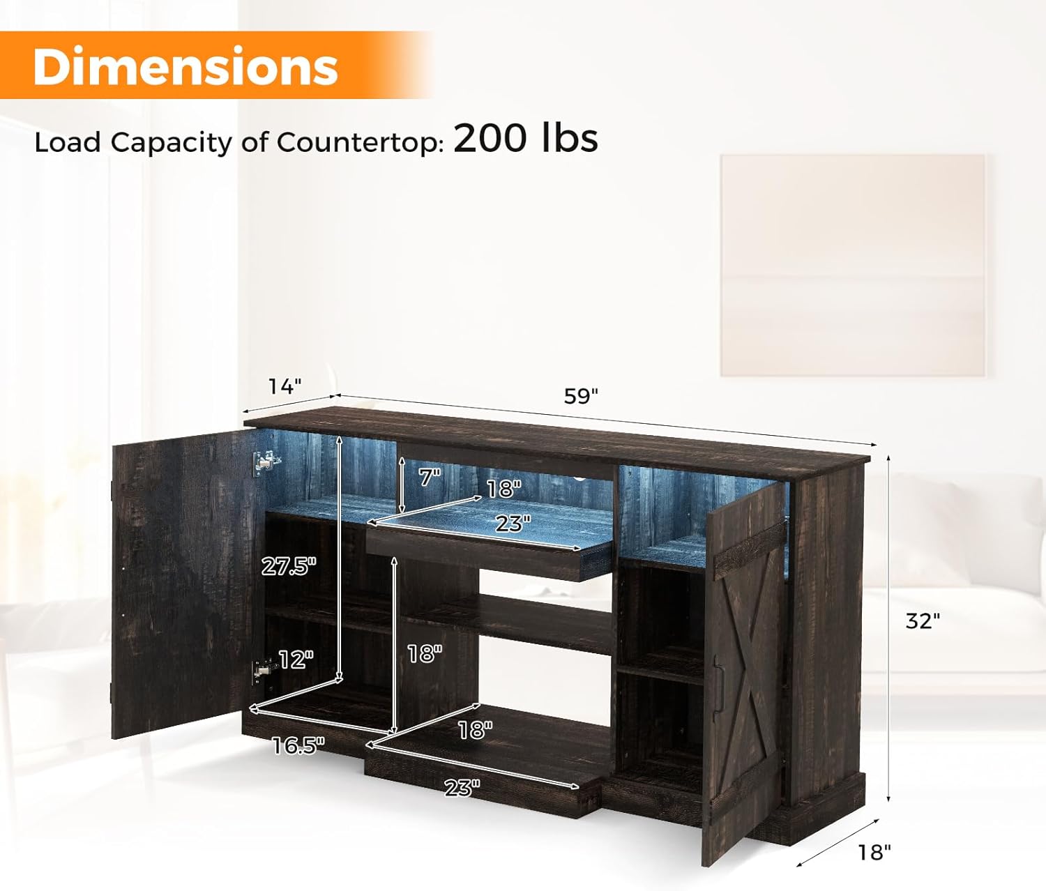 RELAX4LIFE Farmhouse TV Stand for TVs up to 68’’ - 59’’ Media Console Table w/LED Lights, 22 Dynamic Modes, TV Cabinet with Storage & 3-Level Adjustable Shelves, Entertainment Center for Living Room
