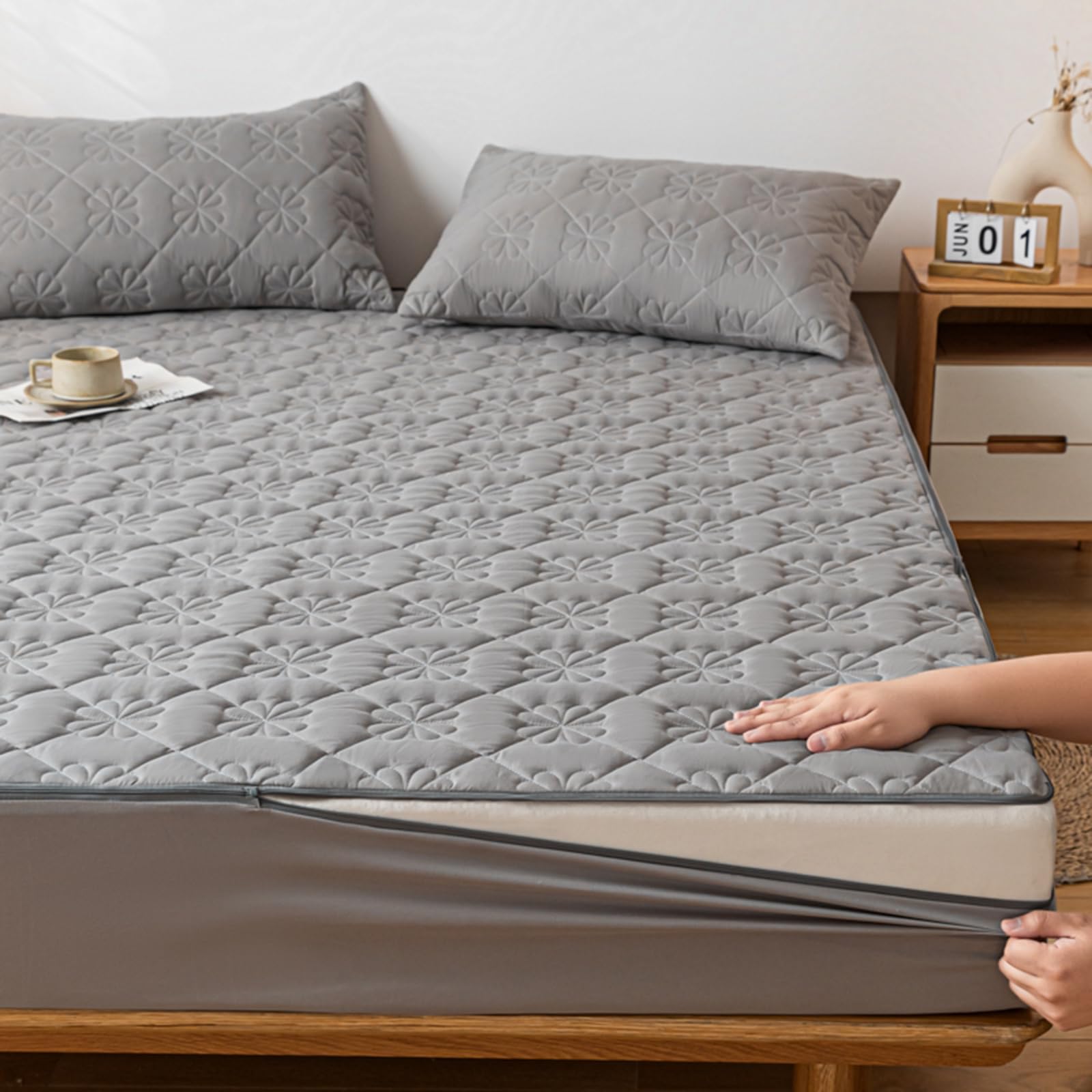 Oddychający wodoodporny szary ochraniacz na materac 140 x 190 cm, pełny rozmiar, pokrowiec z zamkiem błyskawicznym, głęboka kieszeń 20 cm, najwyższa ochrona i bezpieczeństwo podczas przeprowadzki i