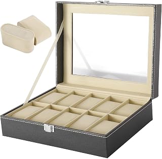Novelbee Watch Box Jewelry Display Cases, 10 Slots Watch Case, Watch Organizer, Watches Storage Case with Secure Lock for Men and Women