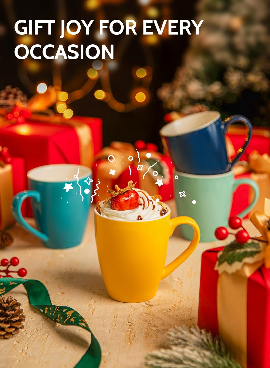 Sweese Porcelain Mugs - 12 Ounce for Coffee, Tea, Mocha and Mulled Drinks - Set of 6, Hot Assorted Colors - Image 7