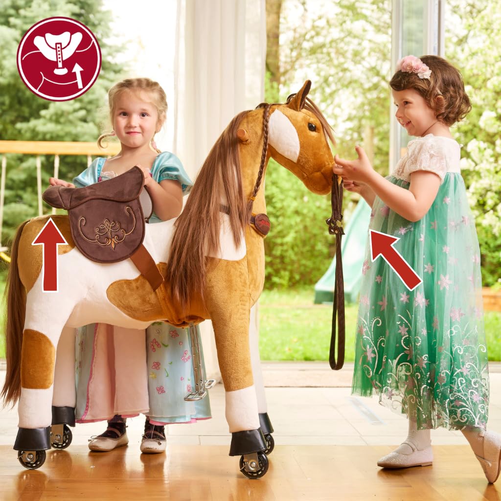 PONNIE Reitpferd mit Rollen Misty M (5-12 Jahre), Spielpferd zum Reiten mit Abnehmbarer Braun Sattel und Halfter mit Zaumzeug, Kämmbare Mähne und Schwanz, Plüschpferd zum Reiten für Kinder